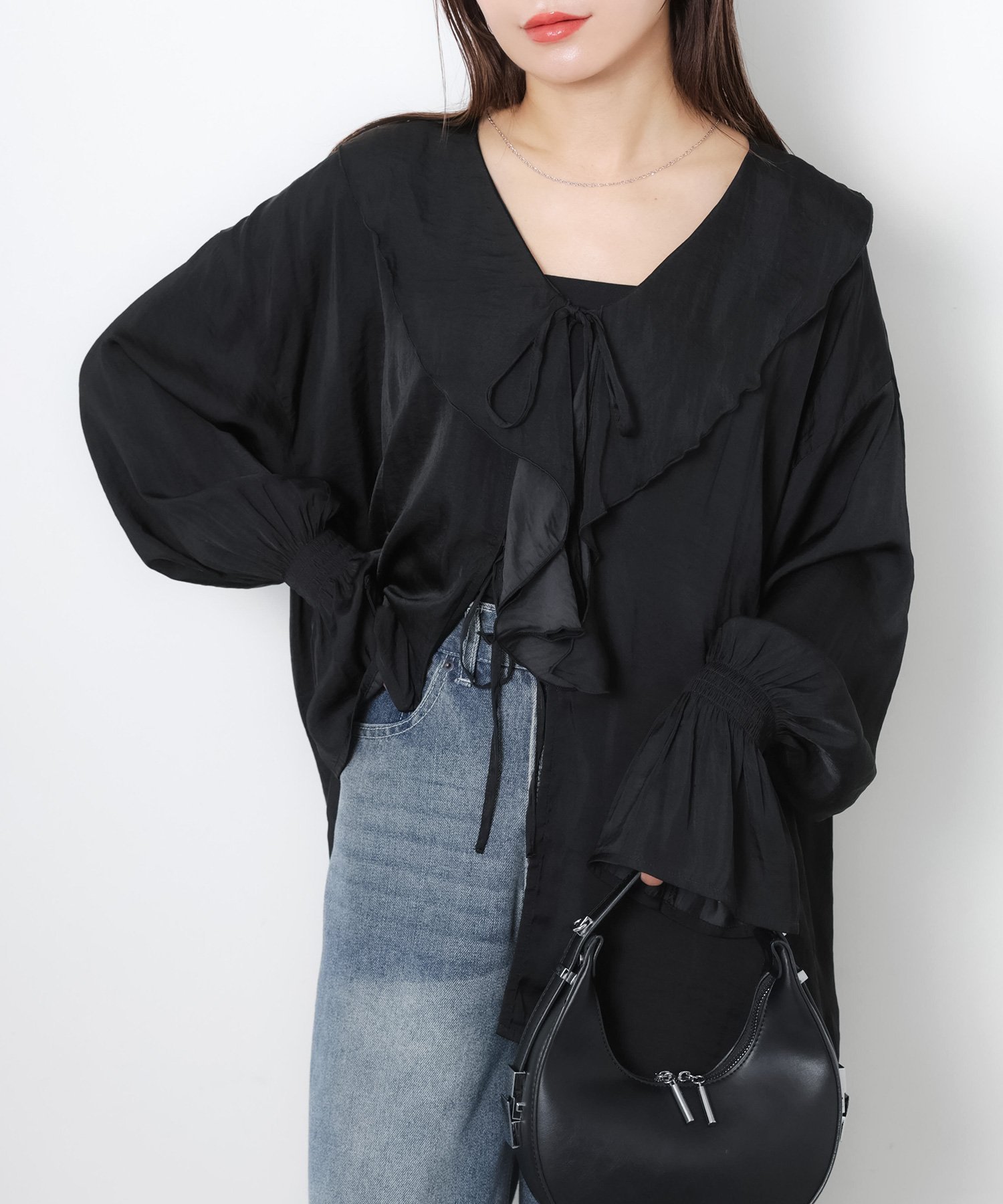 Sleeveless - 【SALE／39%OFF】Riberry シアーフリルリボンブラウス《手洗い可能》 リベリー トップス シャツ・ブラウス ホワイト ブラック ベージュ ブルー【送料無料】