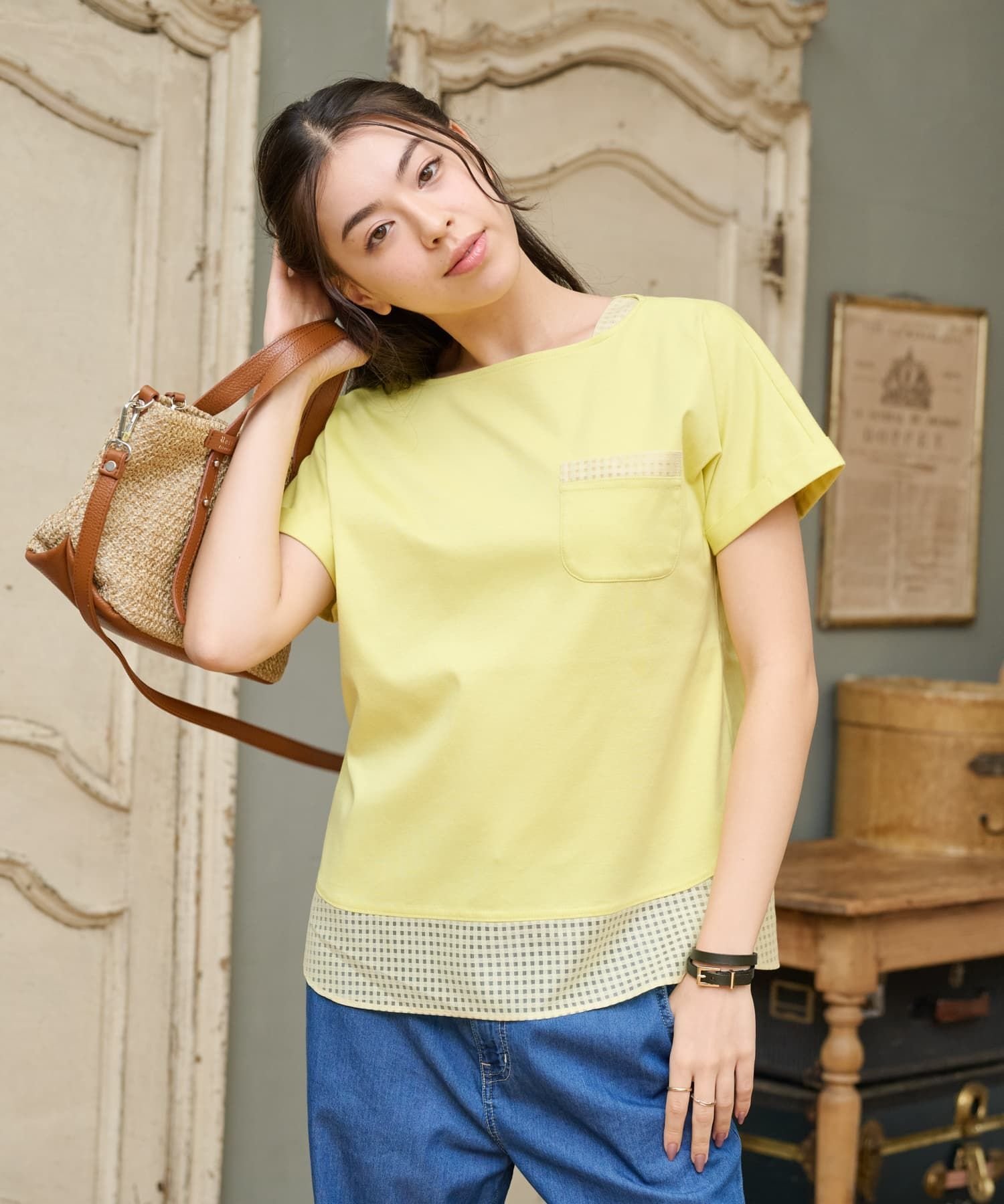 CARA O CRUZ 【接触冷感】メッシュ切替Tシャツ【CoC by CARA O CRUZ】 キャラ・オ・クルス トップス カットソー・Tシャツ ネイビー イエロー