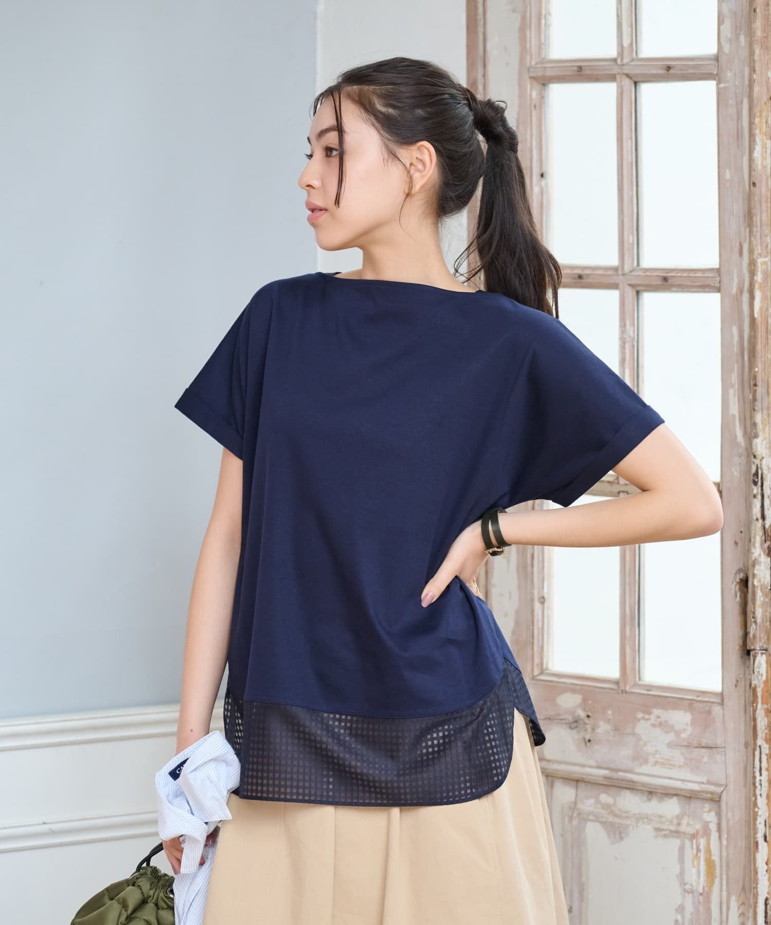 CARA O CRUZ 【接触冷感】メッシュ切替Tシャツ【CoC by CARA O CRUZ】 キャラ・オ・クルス トップス カットソー・Tシャツ ネイビー イエロー