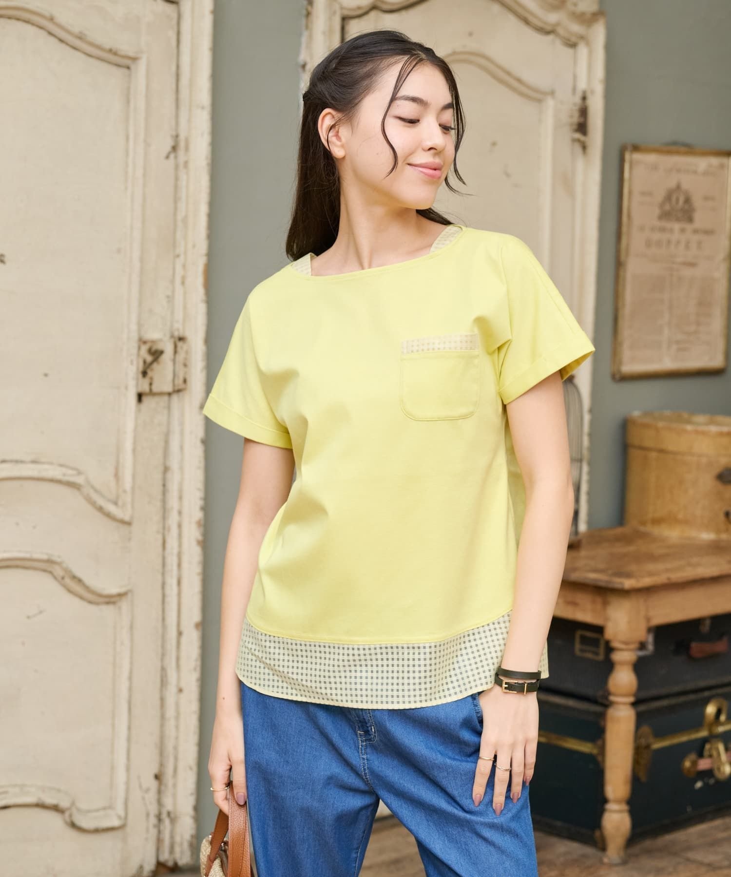 CARA O CRUZ 【接触冷感】メッシュ切替Tシャツ【CoC by CARA O CRUZ】 キャラ・オ・クルス トップス カットソー・Tシャツ ネイビー イエロー