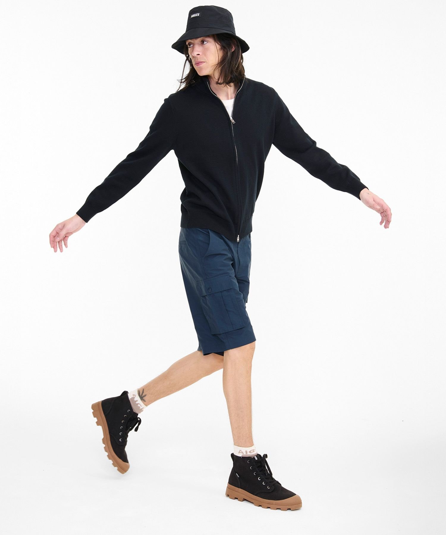【SALE／30%OFF】AIGLE コットンメリノセーター ダブルジップアップブルゾン / ドライバーズニット エーグル トップス カーディガン ブラック【送料無料】