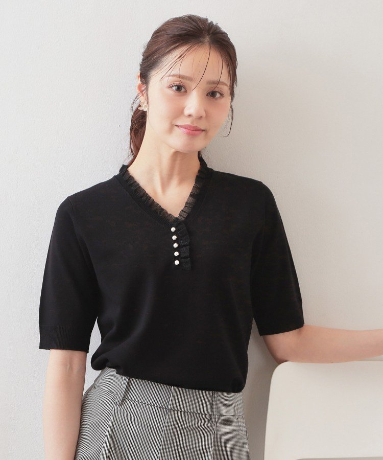 【SALE／60%OFF】index フリルスキッパー半袖ニット【洗濯機OK】 インデックス トップス ニット ブラック グレー イエロー