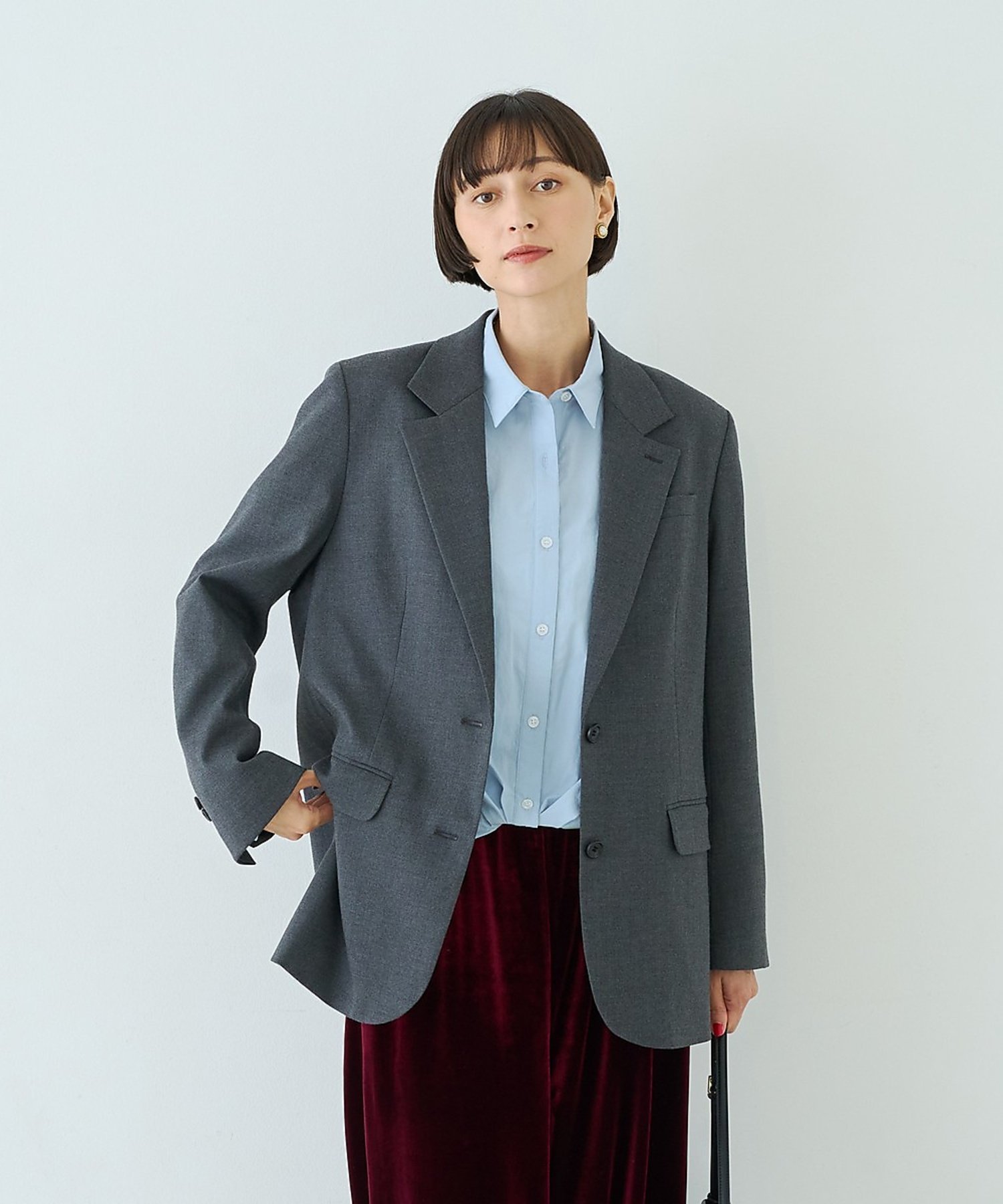 Rouge vif la cle ウール混ストレッチツイルシングルテーラージャケット【予約】 ルージュ・ヴィフ ラクレ ジャケット・アウター テーラードジャケット・ブレザー グレー