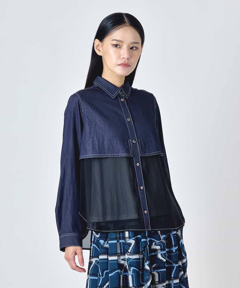 HIROKO BIS デニムライクツイルシアードッキングブラウス ヒロコ ビス トップス シャツ・ブラウス ネイビー