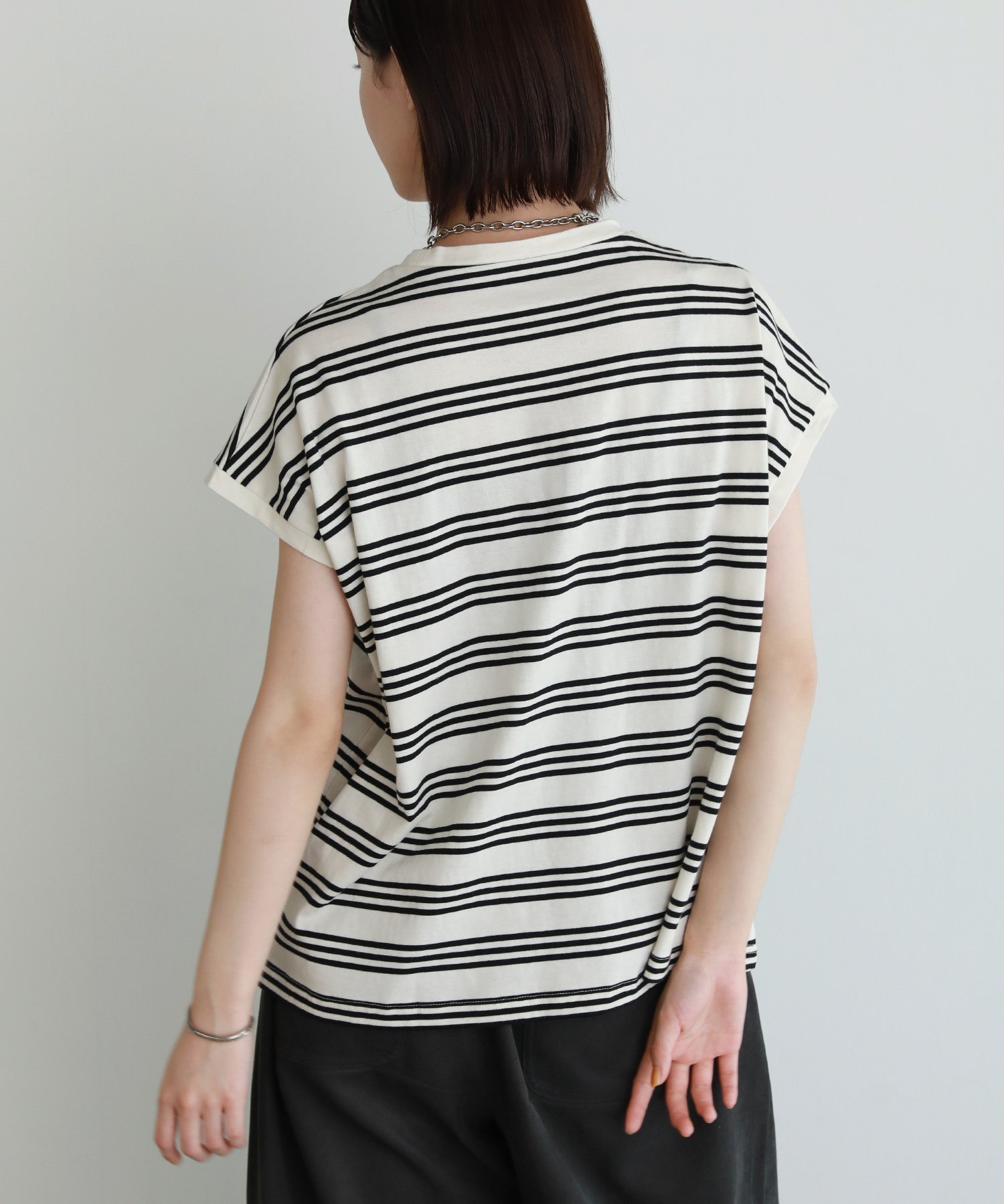 shetila 脇見え防止カバー付きフレンチスリーブボーダーT カジュアル トップス カットソー・Tシャツ ホワイト