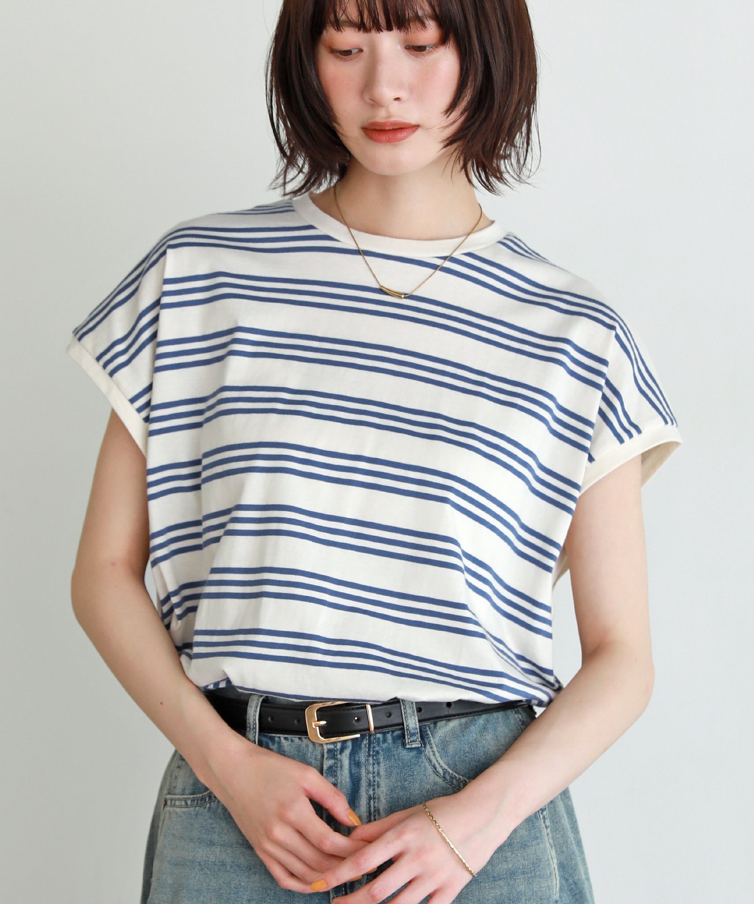 shetila 脇見え防止カバー付きフレンチスリーブボーダーT カジュアル トップス カットソー・Tシャツ ホワイト