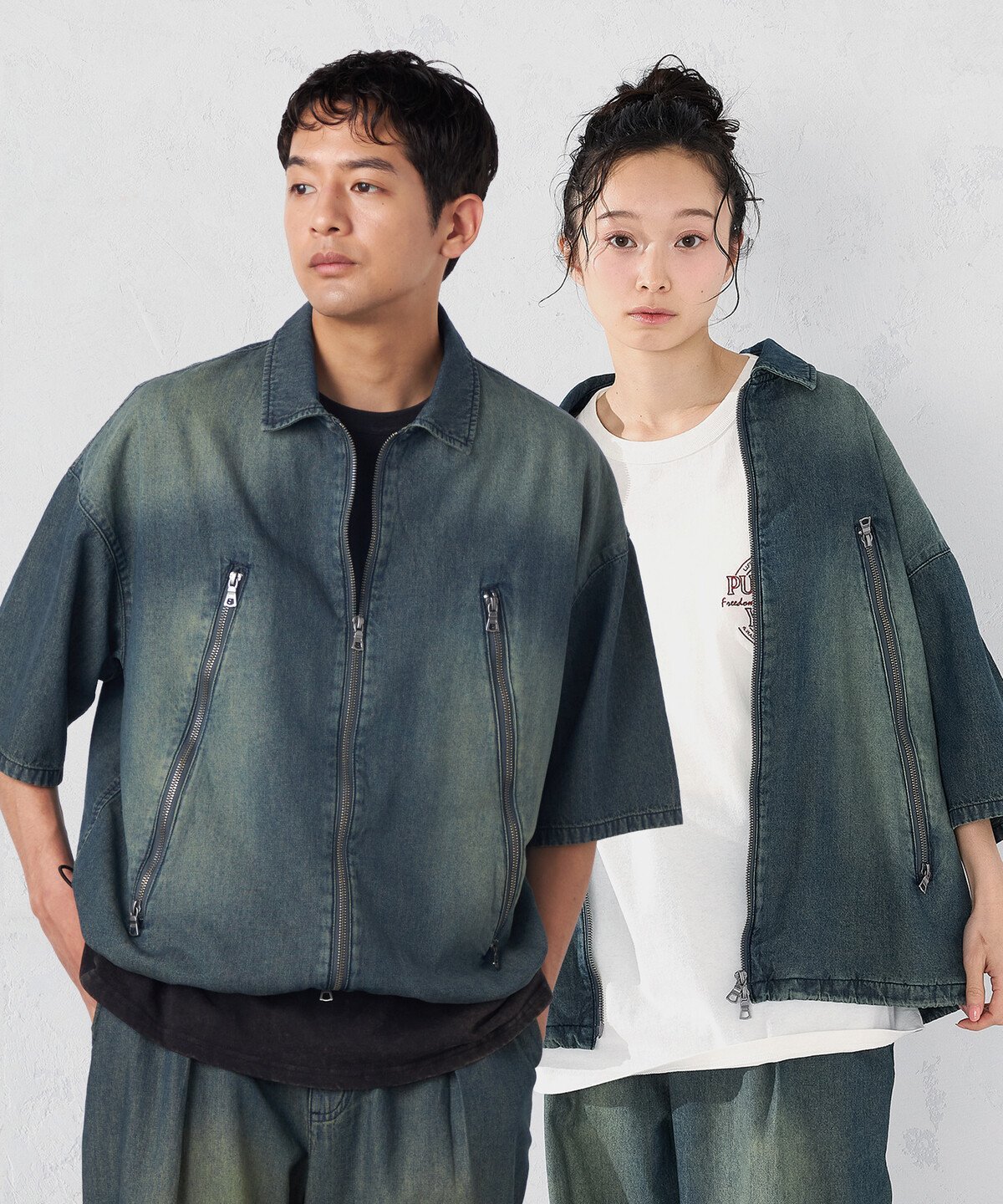 Purple&Yellow ライトオンスデニム ジップポケット 半袖ブルゾン コムサイズム ジャケット・アウター デニムジャケット ブルー グレー