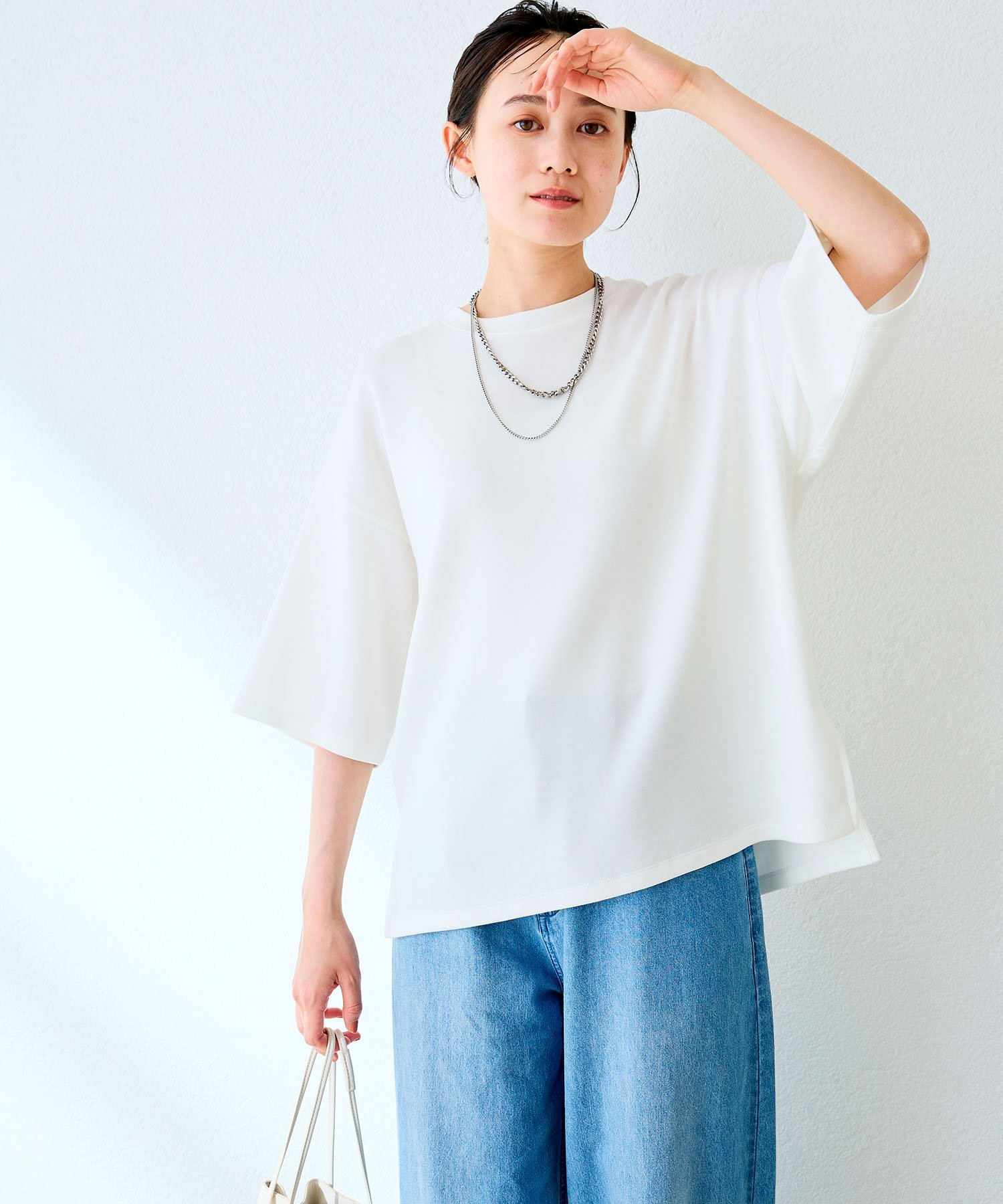 cross marche 《シワになりにくい》エブ楽 なめらかダンボール ビッグシルエットTシャツ クロスマルシェ トップス カットソー・Tシャツ ブラック イエロー グレー ブラウン ピンク ホワイト ネイビー