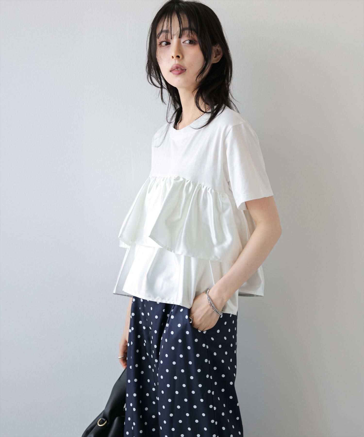 La-gemme フリル*ドットパンツセットアップ ラジュール トップス アンサンブル ホワイト ブラック【送料無料】