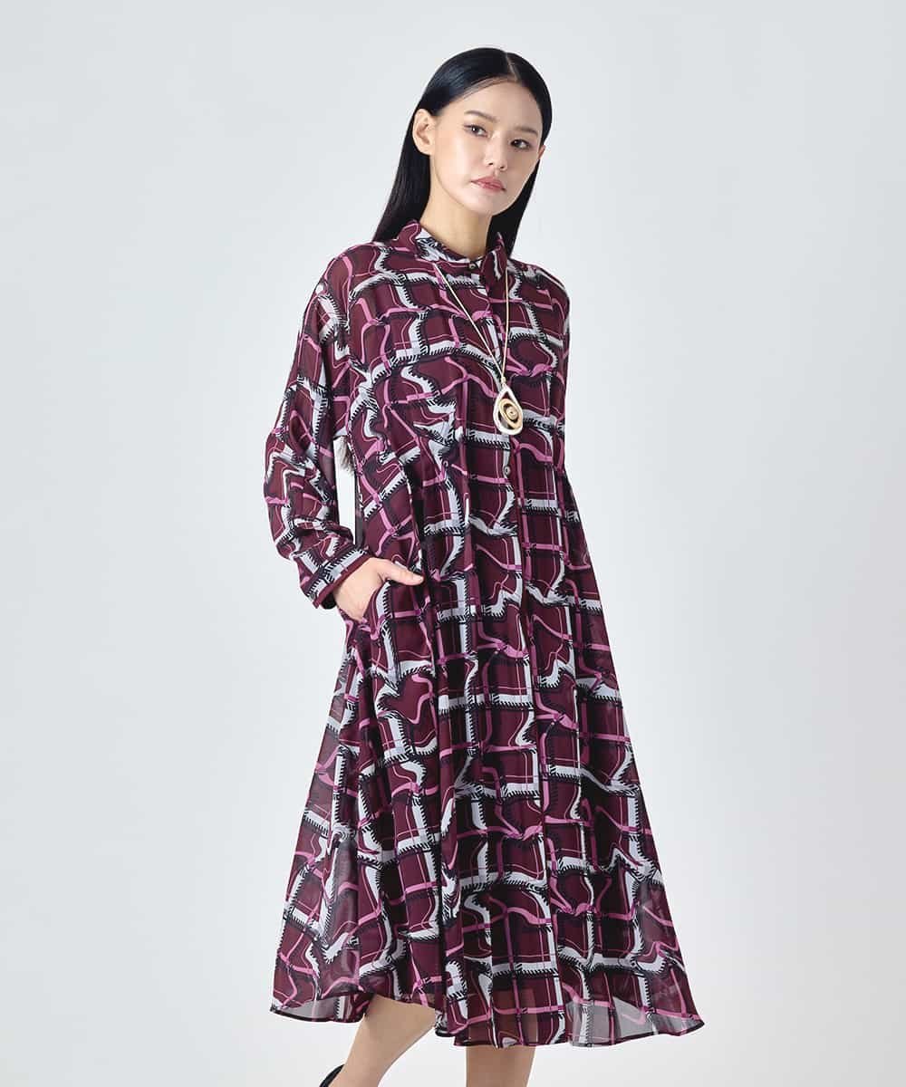 HIROKO BIS 変形チェックシアーワンピース ヒロコ ビス ワンピース・ドレス ワンピース ネイビー パープル