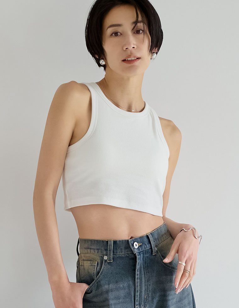 Re:EDIT コットンリブカップ付きアメスリショート丈タンクトップ リエディ トップス ノースリーブ・タンクトップ グレー ベージュ ブラック ホワイト stylife-15052525 Rakuten Fashion サンプル画像2