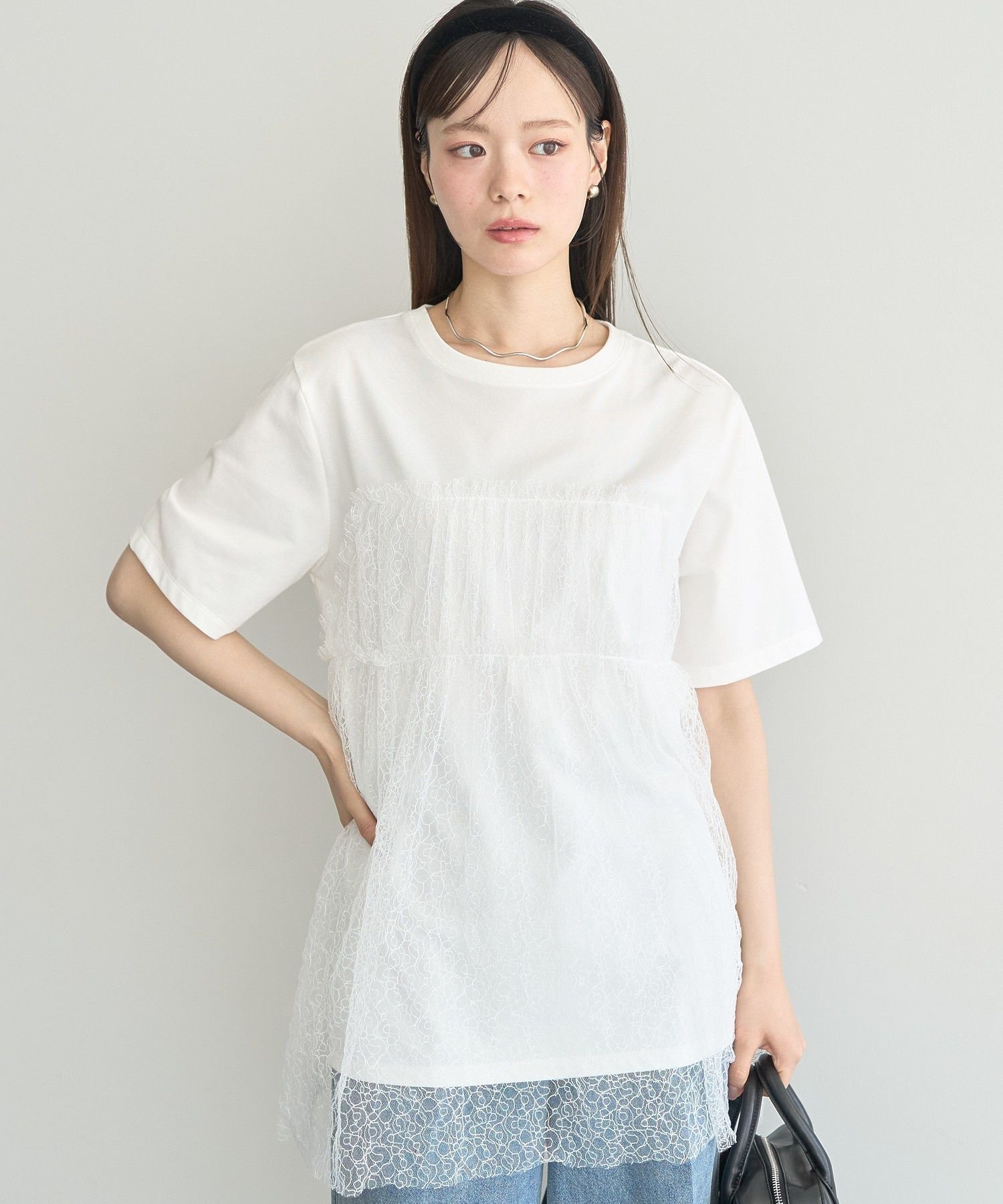 earth music&ecology ニュアンス柄レースドッキングプルオーバー アースミュージック&エコロジー トッ..