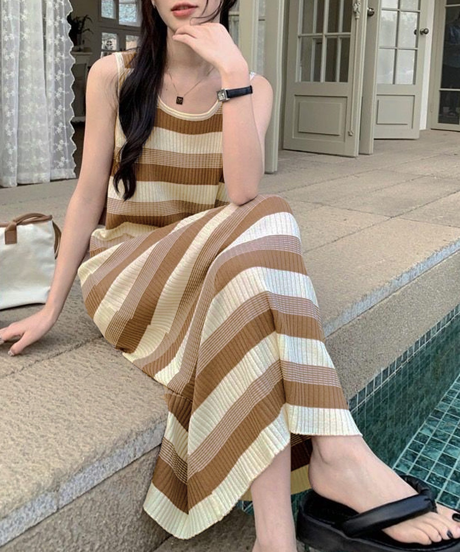 【SALE／40%OFF】Dewlily 【Dewlily】ボーダー配色ワンピース アミュレット ワンピース・ドレス ワンピース ベージュ ブラック