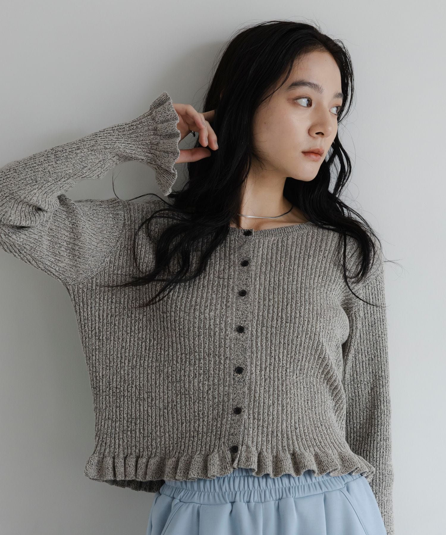 LOWRYS FARM メランジフリルカーディガンLS ローリーズファーム トップス ニット グレー ブラック ブルー ピンク