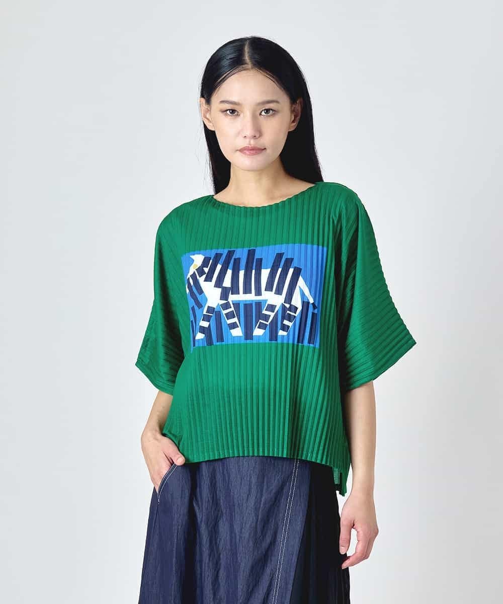 HIROKO BIS シマウマプリントプリーツデザインTシャツ ヒロコ ビス トップス カットソー・Tシャツ グリーン ブルー