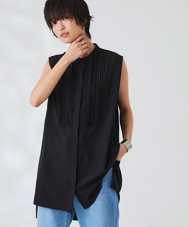 RASW [RASW] ピンタックブザムノースリブラウス ピエロ トップス シャツ・ブラウス ホワイト ブラック【送料無料】のサムネイル