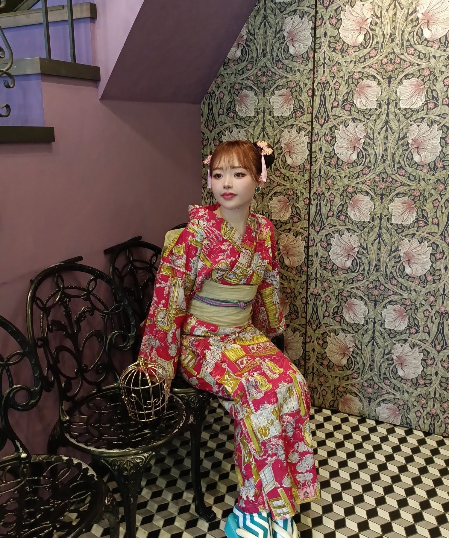 Rakuten FashionのNico@ntique ニコアンティーク 浴衣 3点セット 猫之湯・浮世グラフ/ピンク Lサイズ ウタタネ 着物・浴衣・和装小物 浴衣 ピンク【送料無料】｜アングル2