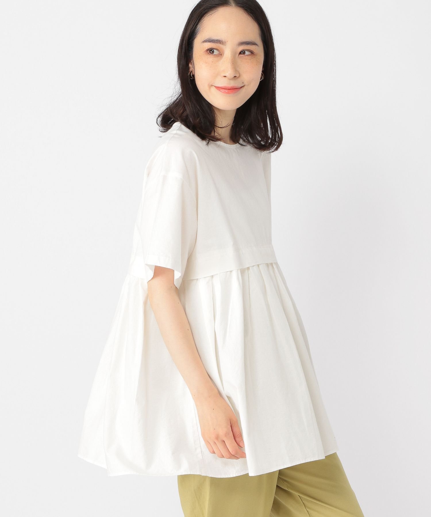 【SALE／20%OFF】studio CLIP コットンリネン切り替えギャザーブラウス スタディオクリップ トップス シャツ・ブラウス ホワイト ネイビー グリーン【送料無料】のサムネイル