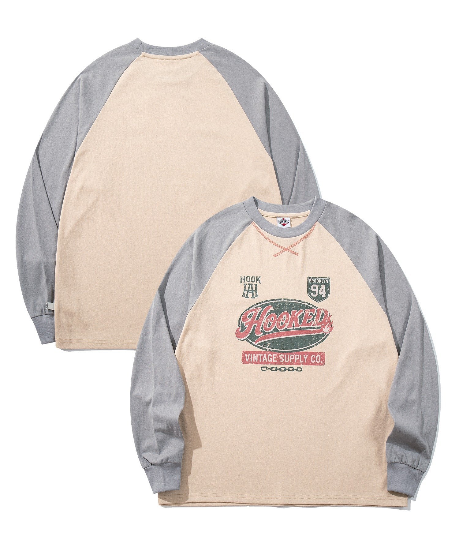 HOOK HOOK -original- アメカジ古着風ロゴプリントラグランスリーブTEE アイモハ トップス カットソー・Tシャツ ベージュ ホワイト