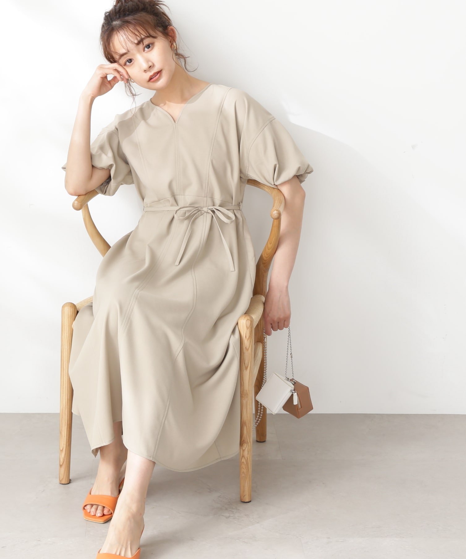 【SALE／20%OFF】N. Natural Beauty Basic ボリュームスリーブ麻調ワンピース《S Size Line》 エヌ ナチュラルビューティーベーシック* ワンピース・ドレス ワンピース ベージュ【送料無料】