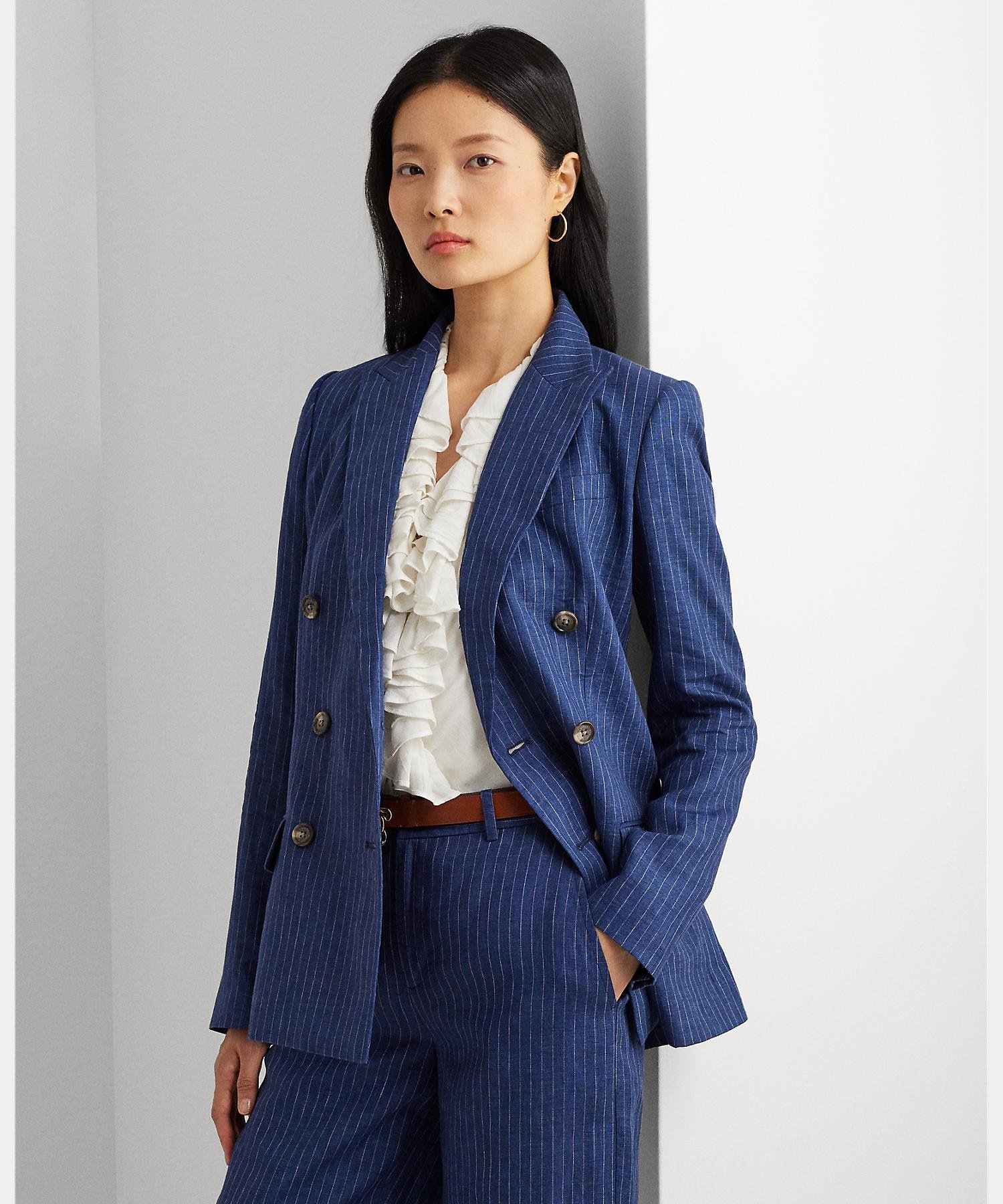 ローレンラルフローレン アウター レディース LAUREN RALPH LAUREN 【セットアップ対応商品】ピンストライプ ダブルブレステッド リネン ブレザー ラルフローレン ジャケット・アウター テーラードジャケット・ブレザー ブルー【送料無料】