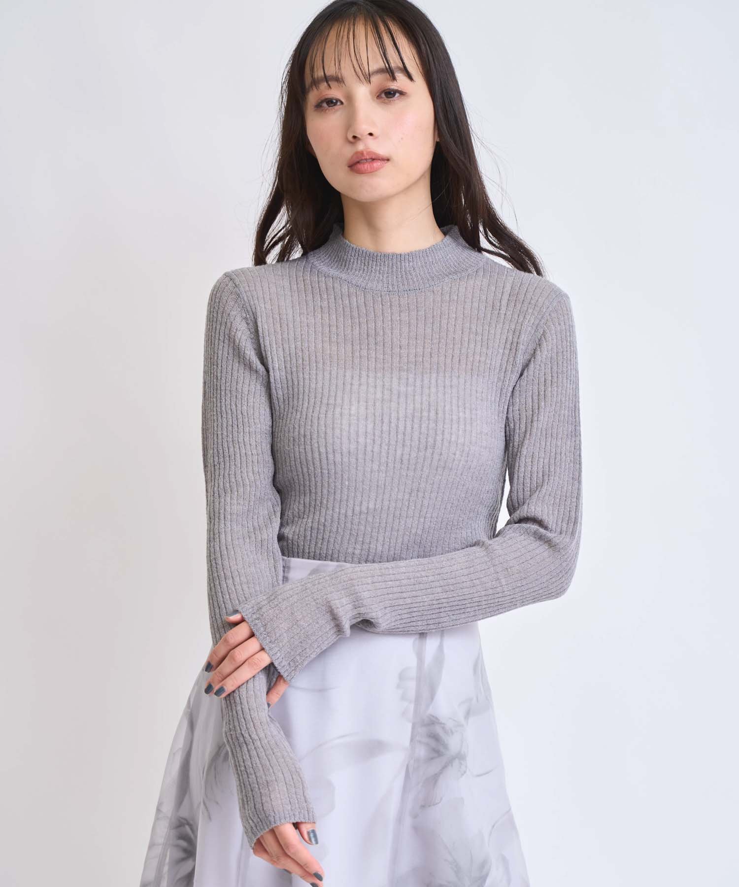 Noela モヘア混シアーリブニット ノエラ トップス ニット ブラック グレー ホワイト ピンク