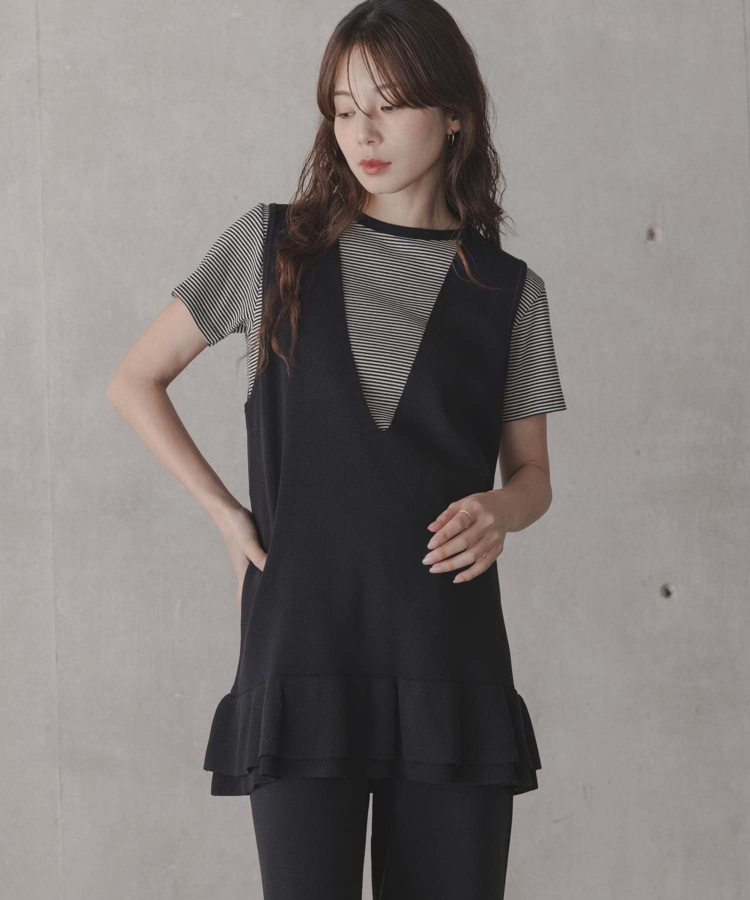 Sonny Label フリルチュニックベスト パンツSET サニーレーベル トップス ニット グレー ブラック