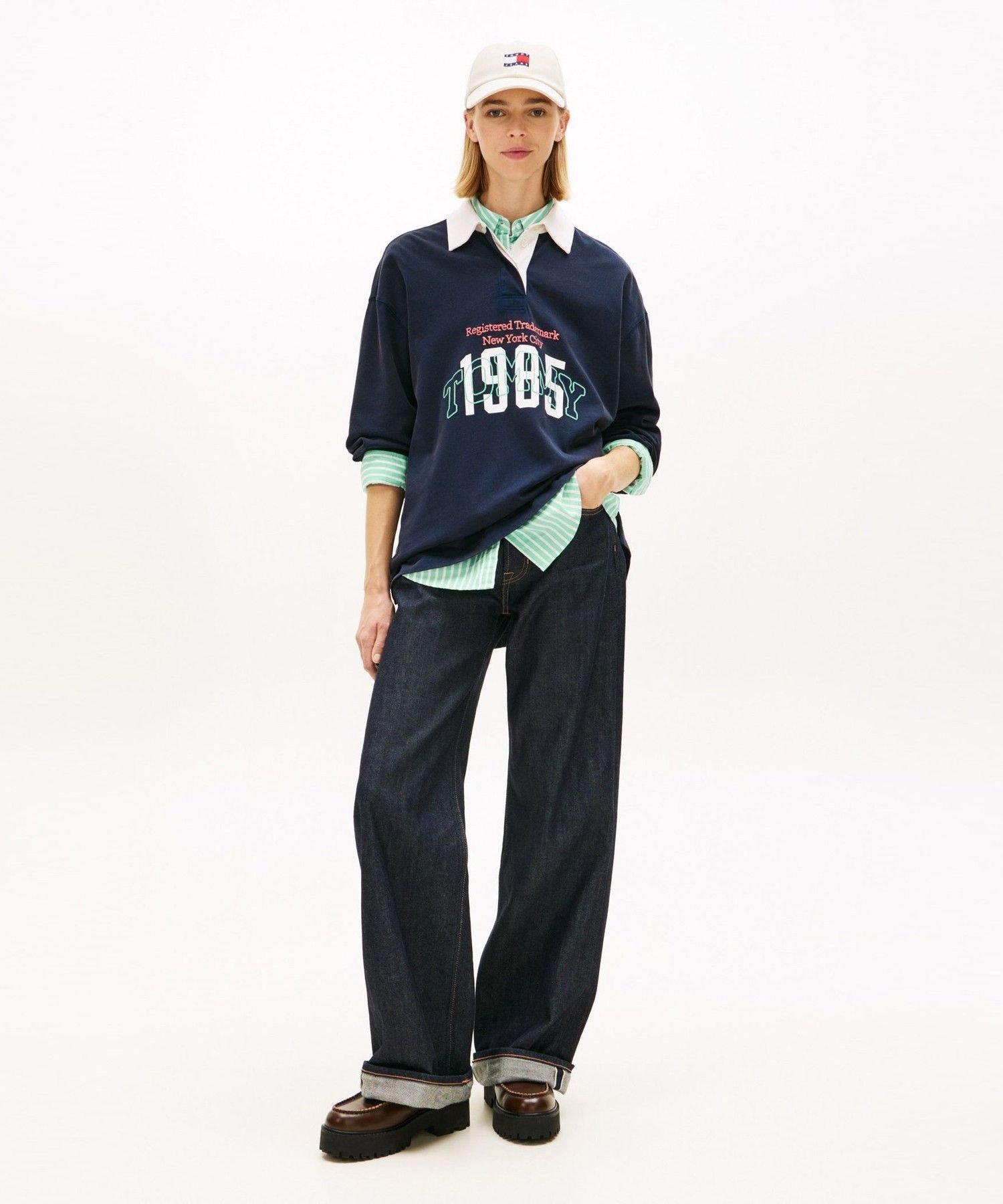 TOMMY JEANS オーバーサイズバーシティラグビーシャツ 26SS トミーヒルフィガー トップス スウェット・トレーナー ネイビー【送料無料】