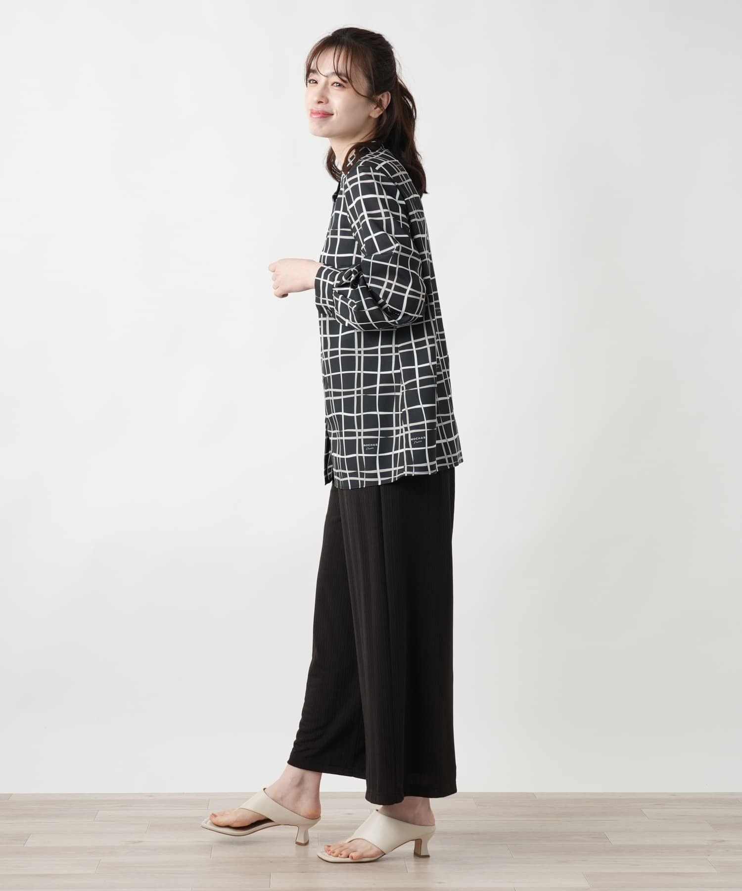 【SALE／59%OFF】Leilian チェックバンドカラーブラウス【ROCHAS Premiere】【RATTI】 レリアン トップス シャツ・ブラウス ブラック【送料無料】