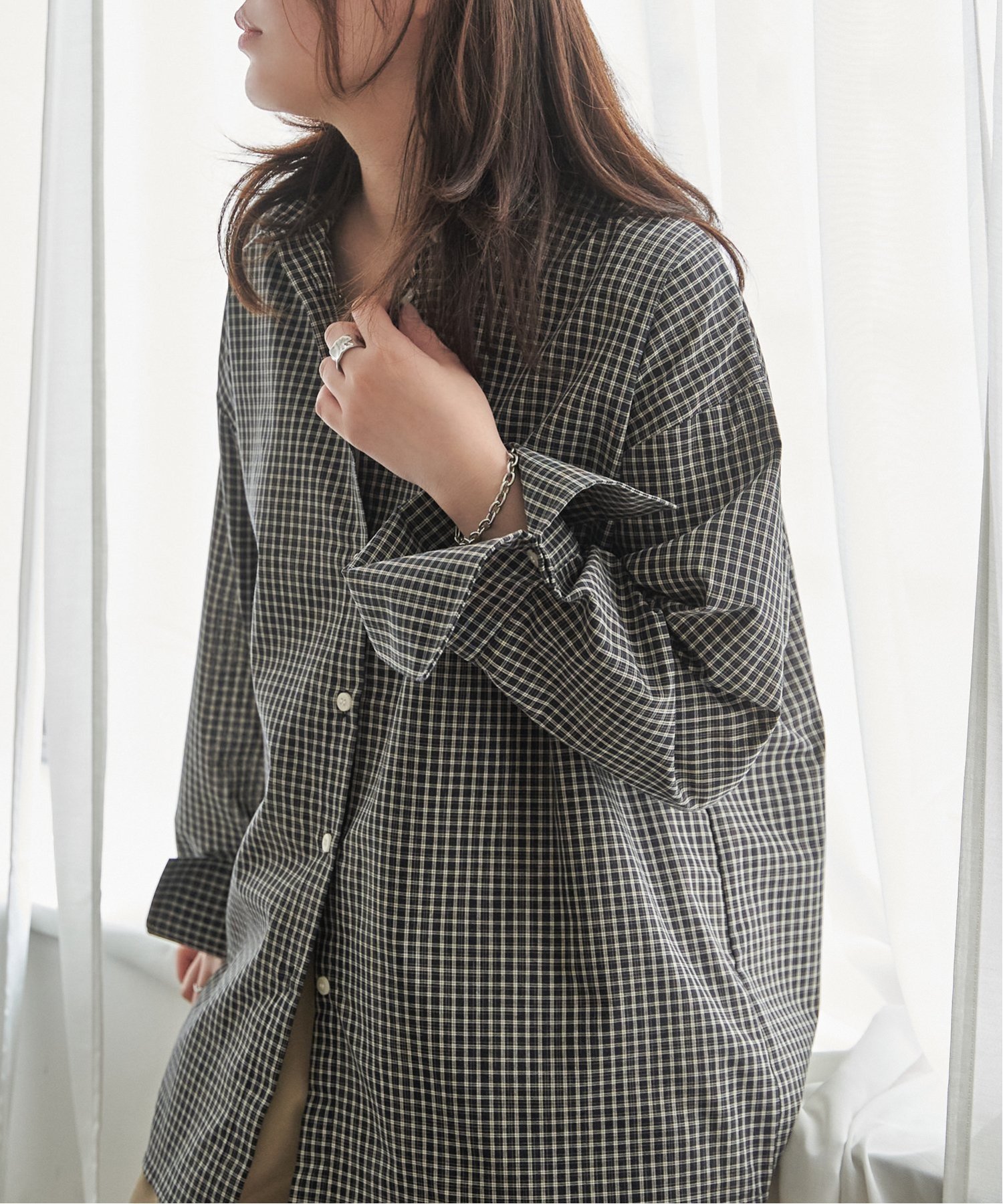 VENCE share style Ladys チェックオーバーサイズPKシャツ ヴァンス エクスチェンジ トップス シャツ・ブラウス ブラック ホワイト