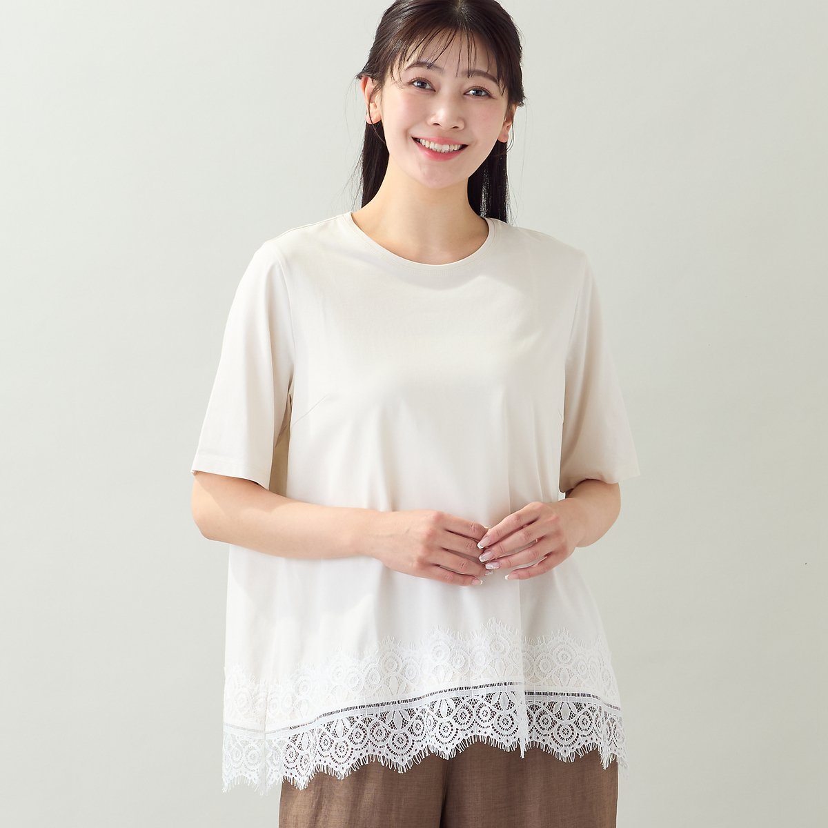 missel 【洗える・L~4Lサイズ】レースヘムTシャツ ミゼール トップス カットソー・Tシャツ ホワイト グレー ブラック