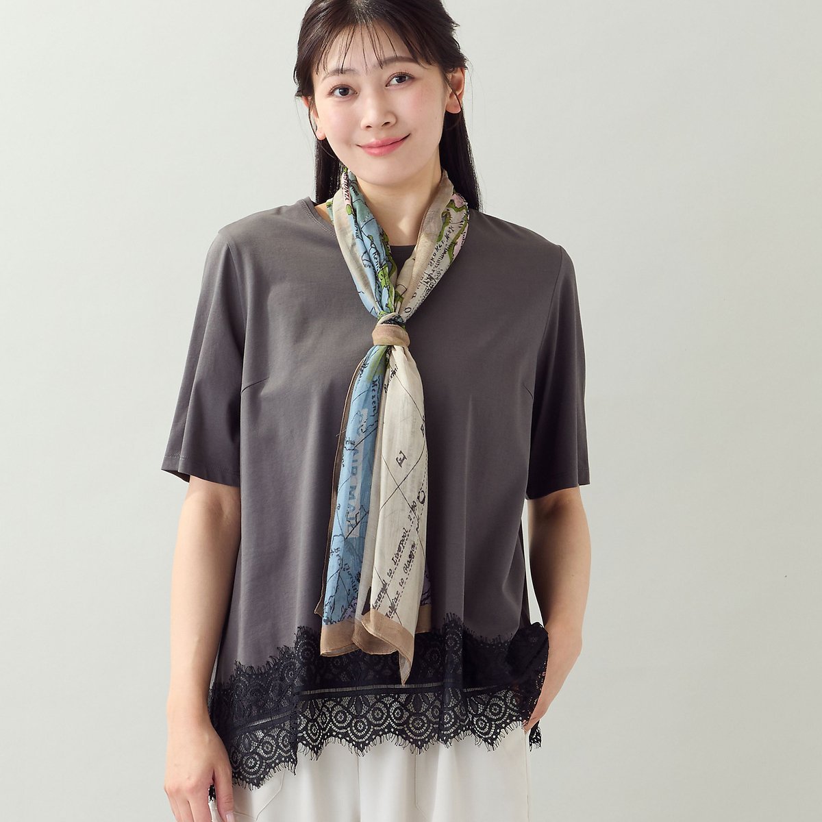 missel 【洗える・L~4Lサイズ】レースヘムTシャツ ミゼール トップス カットソー・Tシャツ ホワイト グレー ブラック