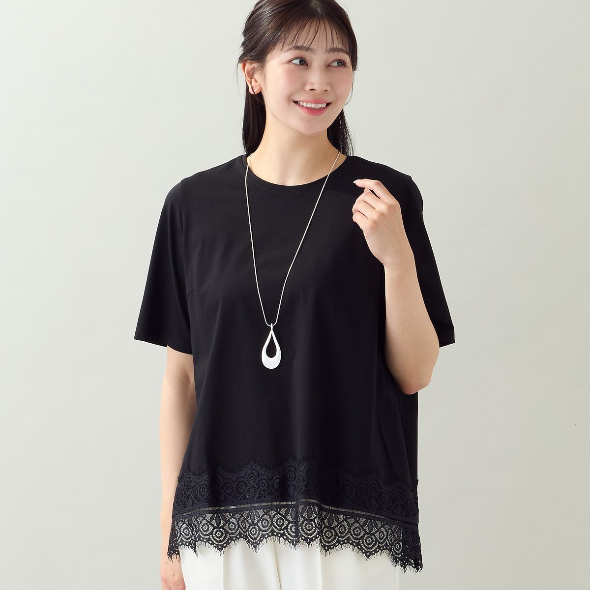 missel 【洗える・L~4Lサイズ】レースヘムTシャツ ミゼール トップス カットソー・Tシャツ ホワイト グレー ブラック