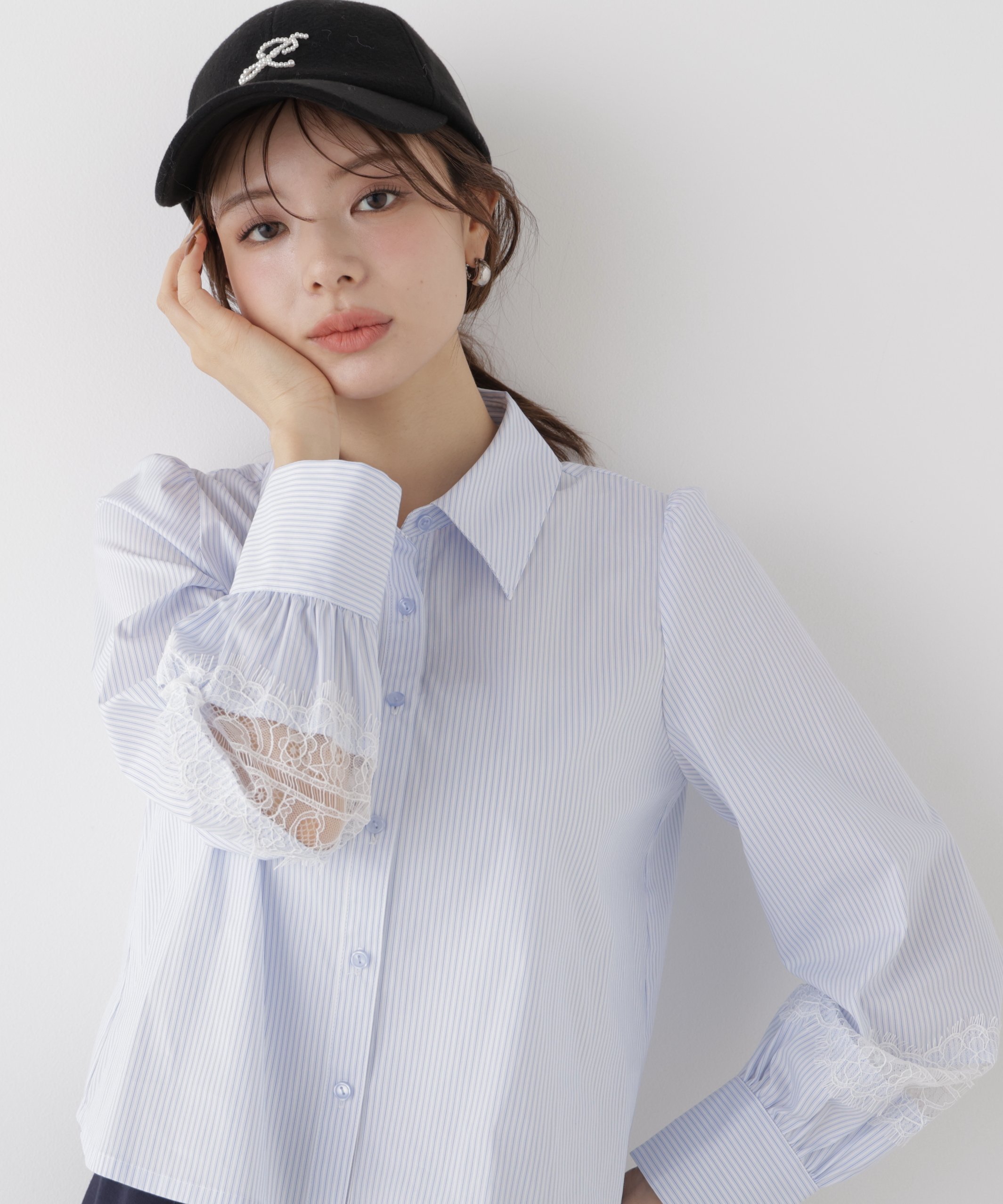 PROPORTION BODY DRESSING レース切り替えブラウス プロポーションボディドレッシング トップス シャツ・ブラウス ブルー ホワイト