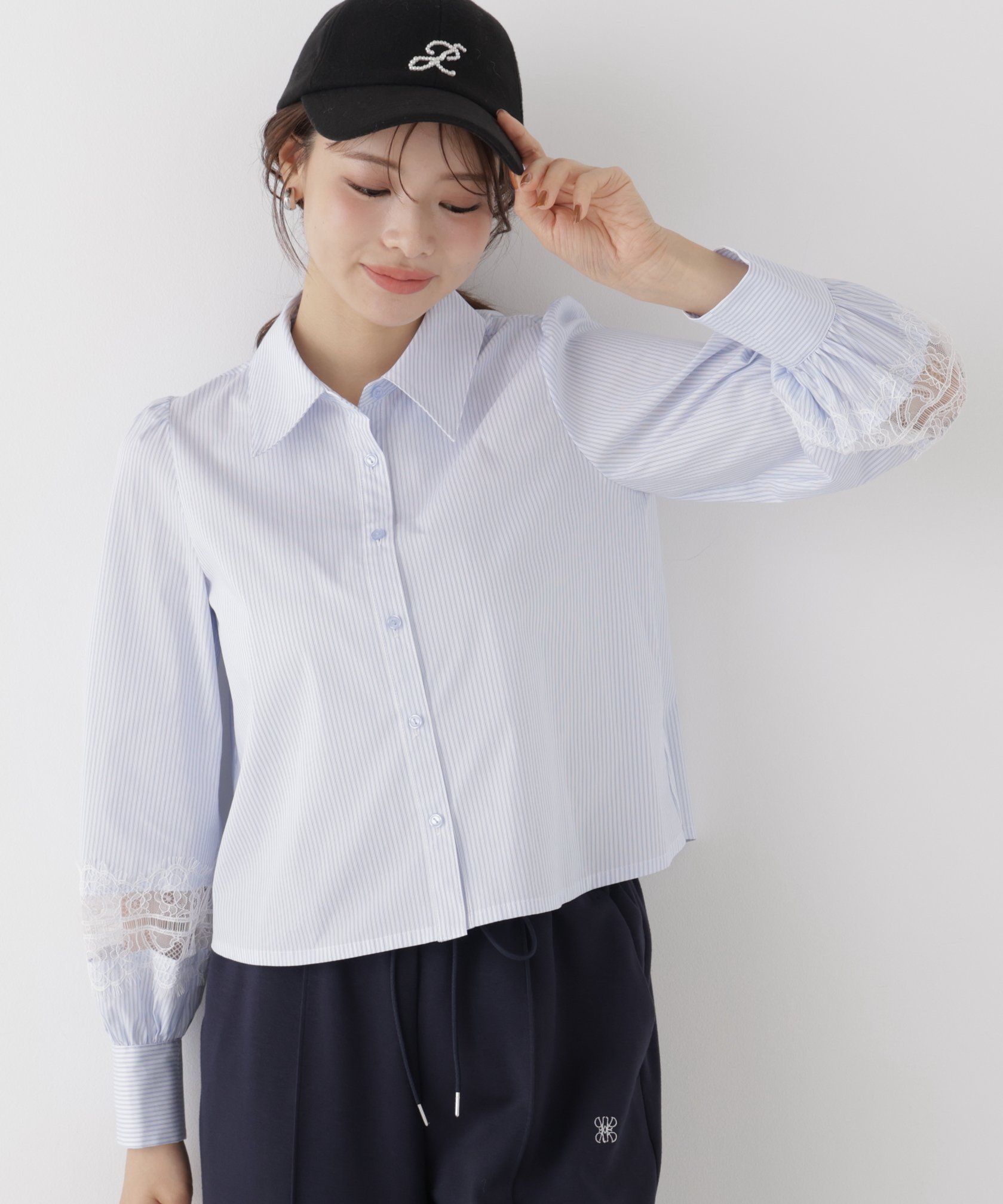 PROPORTION BODY DRESSING レース切り替えブラウス プロポーションボディドレッシング トップス シャツ・ブラウス ブルー ホワイト