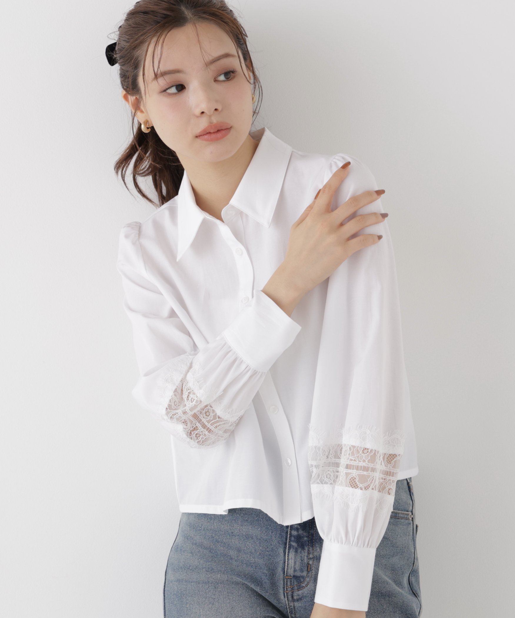 PROPORTION BODY DRESSING レース切り替えブラウス プロポーションボディドレッシング トップス シャツ・ブラウス ブルー ホワイト