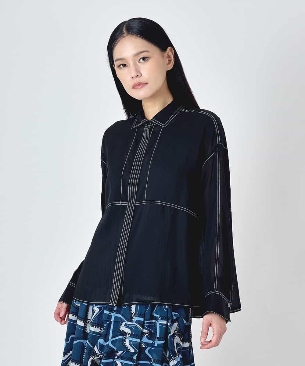 HIROKO BIS ステッチデザイン短丈シアーブラウス ヒロコ ビス トップス シャツ・ブラウス ブラック