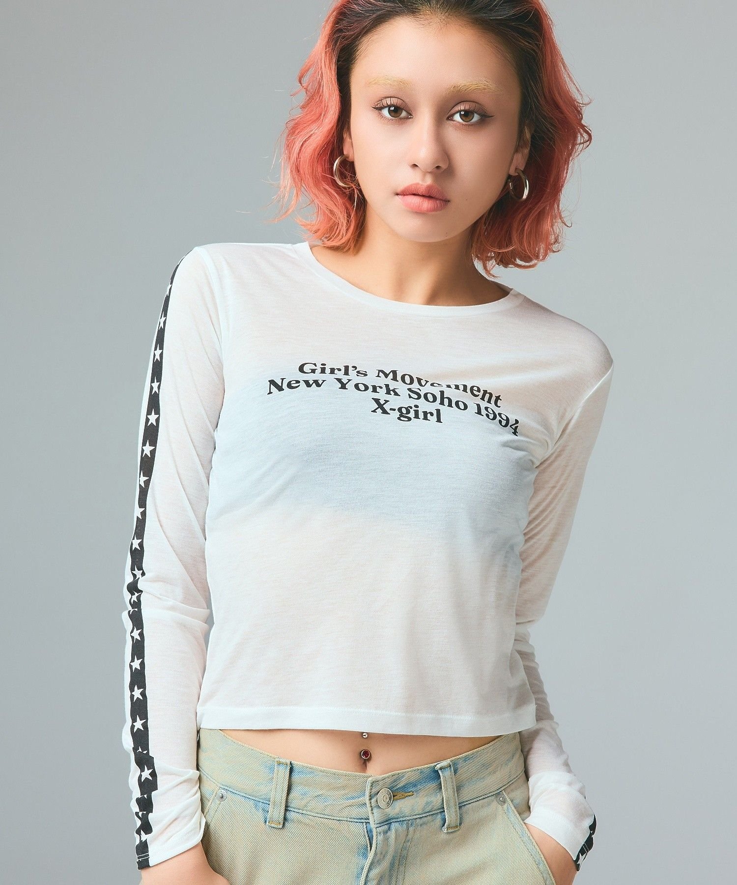 X-girl STAR STRIPED SLEEVE SHEER L/S TOP エックスガール トップス カットソー・Tシャツ ホワイト ブラック