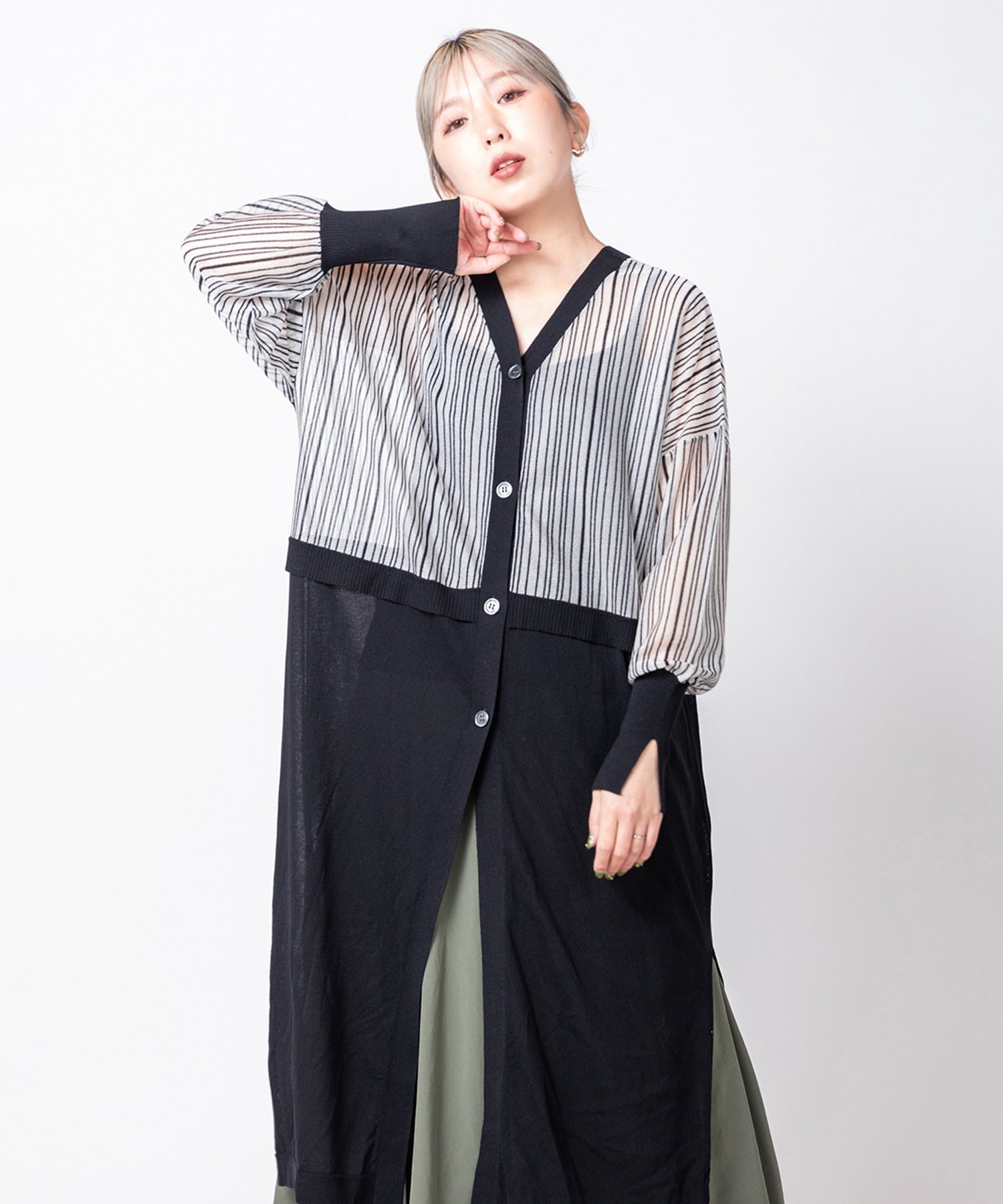 【SALE／50%OFF】OSMOSIS 2WAYシアー切替ニットカーディガン オズモーシス トップス ニット ブラック ベージュ ホワイト【送料無料】