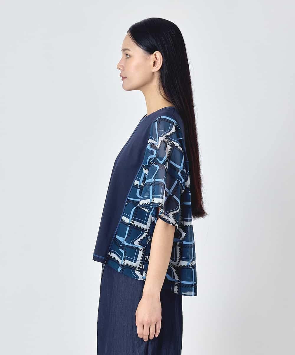 HIROKO BIS 変形チェックジョイントデザインカットソー ヒロコ ビス トップス カットソー・Tシャツ ネイビー パープル