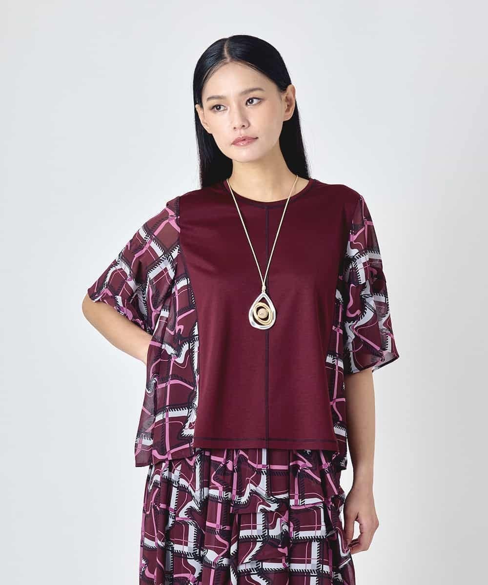 HIROKO BIS 変形チェックジョイントデザインカットソー ヒロコ ビス トップス カットソー・Tシャツ ネイビー パープル