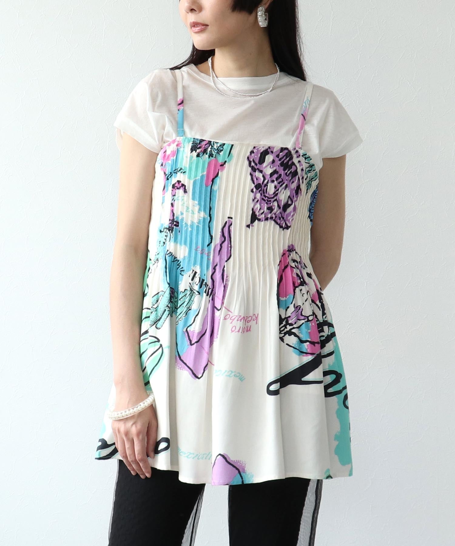 Three Four Time Three Four Time/MEXICOプリントタックキャミ スリーフォータイム トップス キャミソ..