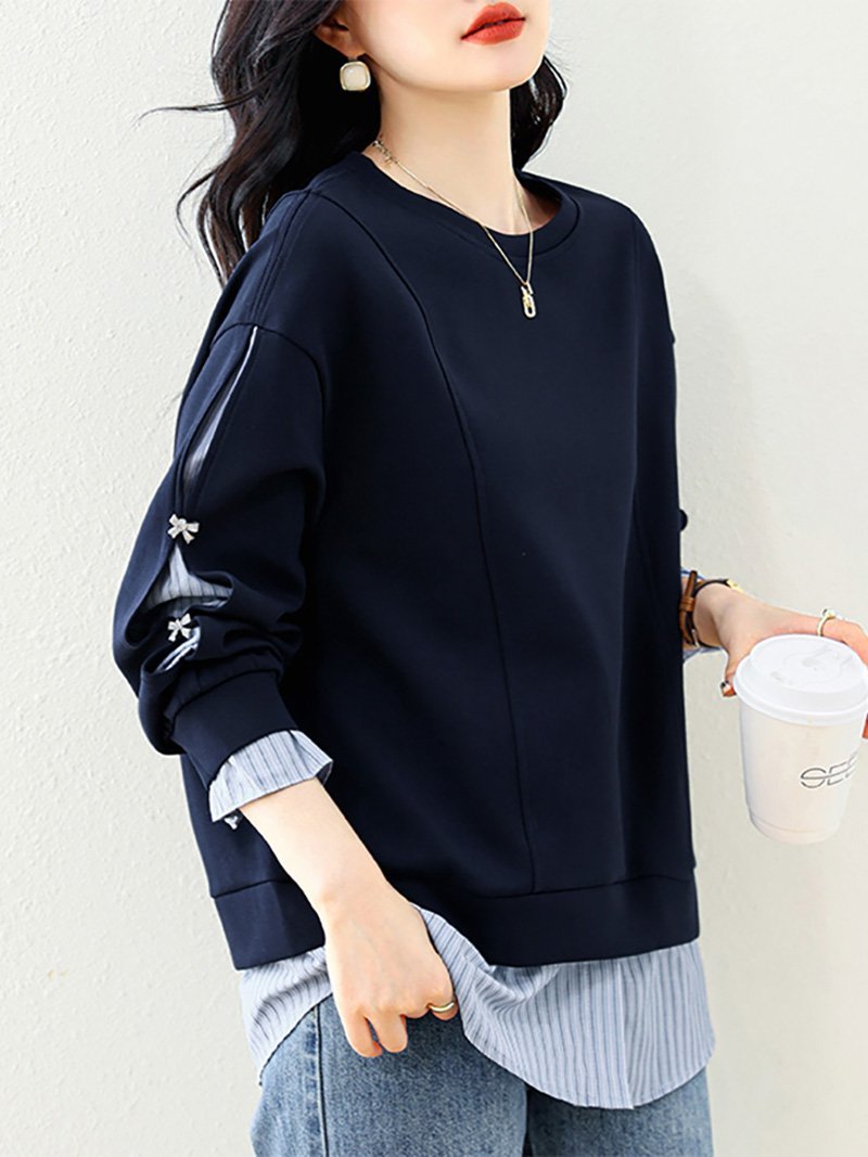 リボン付き袖ラインレイヤード風スウェット レディース トップス ドゥー・ベル トップス カットソー・Tシャツ ネイビー