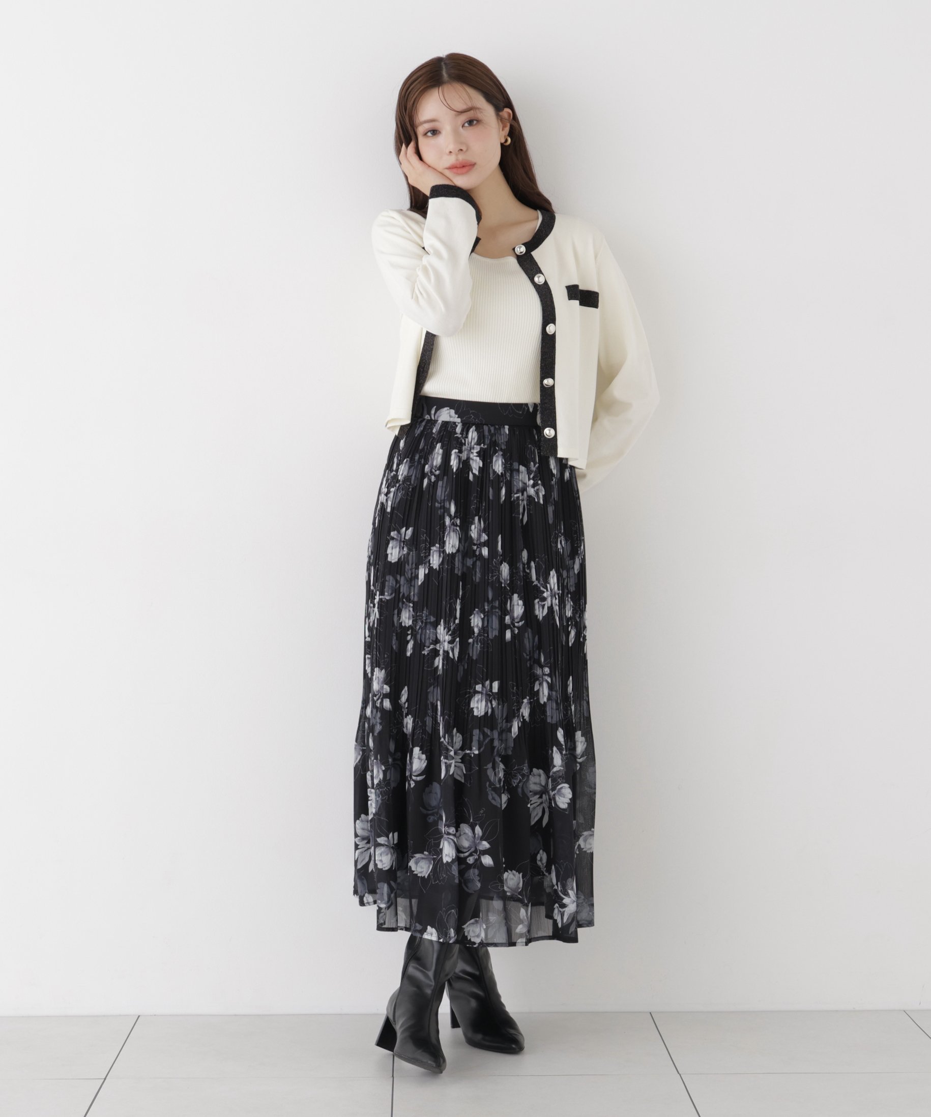 PROPORTION BODY DRESSING フラワープリントプリーツスカート プロポーションボディドレッシング スカート その他のスカート ブラック ピンク