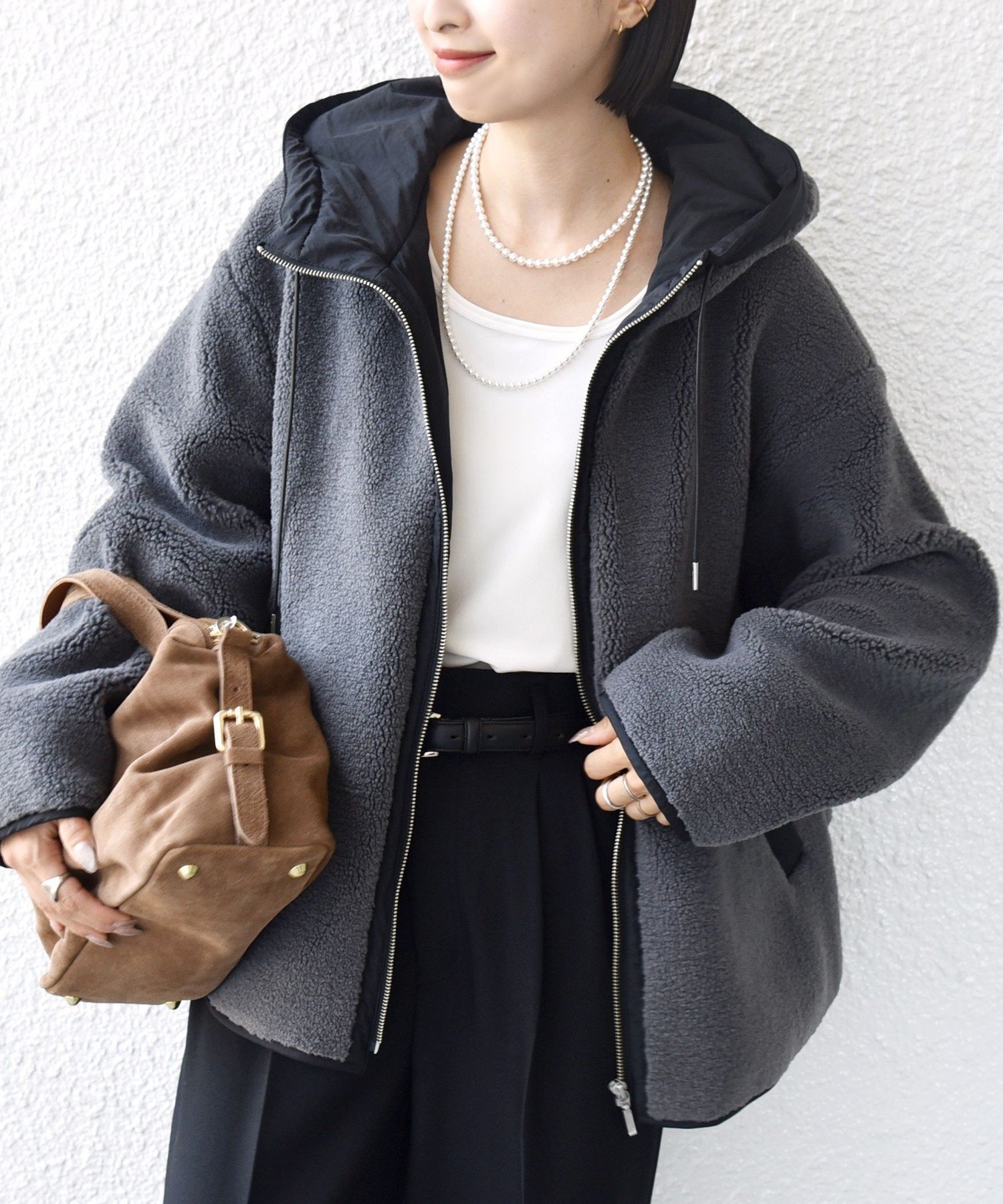 SHIPS WOMEN 《追加予約》【WEB限定】ボア 配色 フード ブルゾン シップス ジャケット・アウター ブルゾン・ジャンパー ホワイト グレー【送料無料】