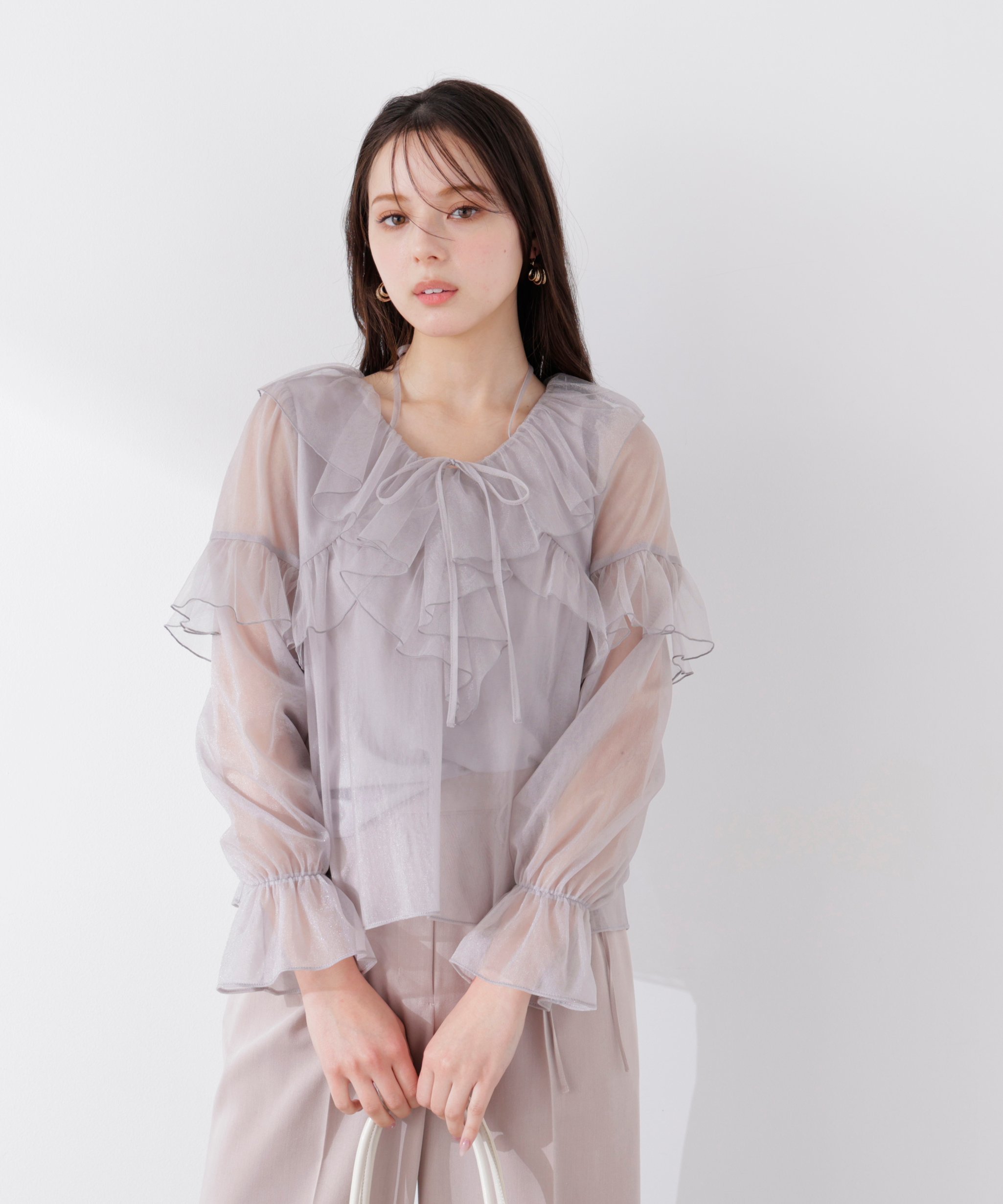 PROPORTION BODY DRESSING チュールラッフルブラウス 26SS プロポーションボディドレッシング トップス シャツ・ブラウス グレー ベージュ ブルー