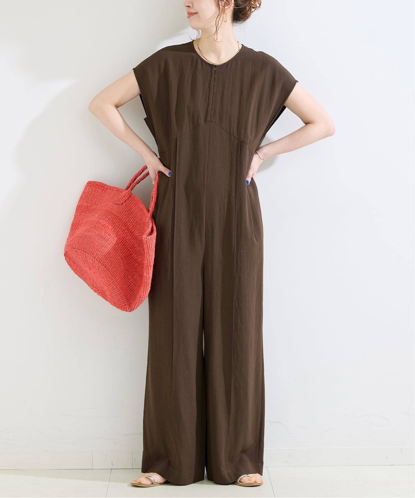 【SALE/30%OFF】BC STOCK Washable / Cooling Touch / Cell Drape Cross French Jumpsuit BC Stock All-in-One/Overalls All-in-One/Jumpsuit Brown Black 【Free Shipping】
