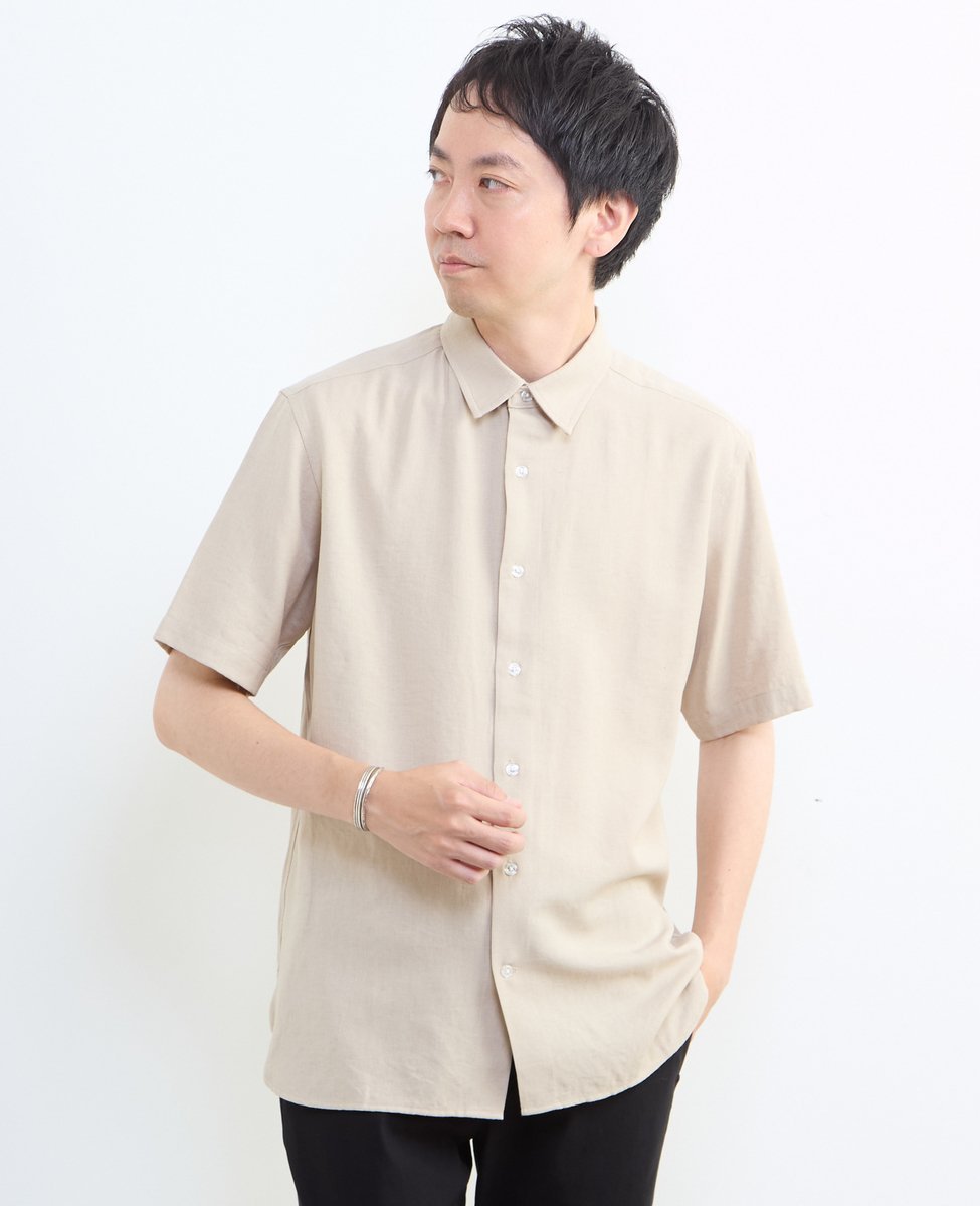 MEN'S MELROSE リネン混ダブルガーゼ 半袖バンドカラーシャツ メンズメルローズ トップス シャツ・ブラウス ブルー ホワイト ベージュ グレー