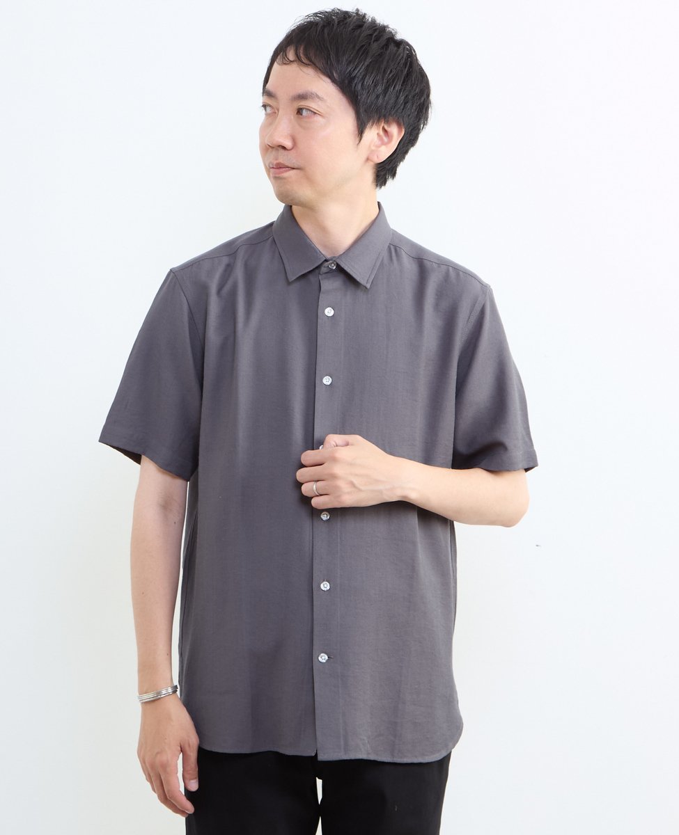 MEN'S MELROSE リネン混ダブルガーゼ 半袖バンドカラーシャツ メンズメルローズ トップス シャツ・ブラウス ブルー ホワイト ベージュ グレー