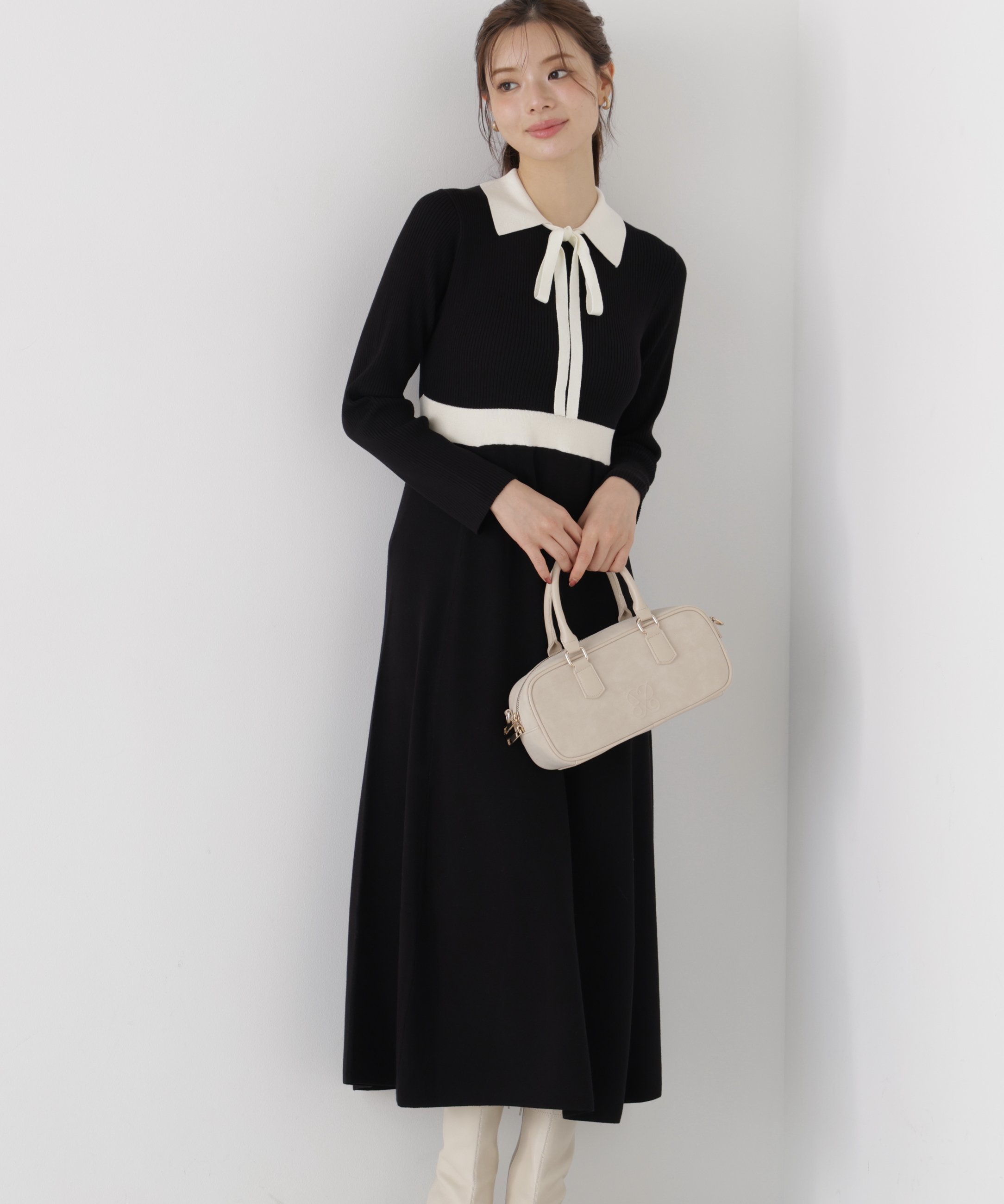 PROPORTION BODY DRESSING リボンタイバイカラーニットワンピース プロポーションボディドレッシング ワンピース・ドレス ワンピース ブラック ベージュ